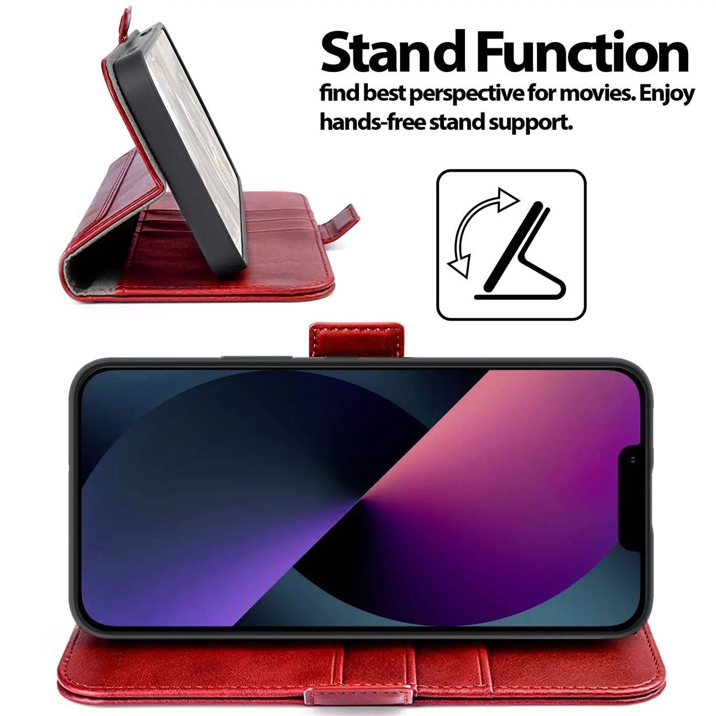 Rote Leder-Klapphülle, iPhone 13 Mini aufgestellt, von vorne und schräg