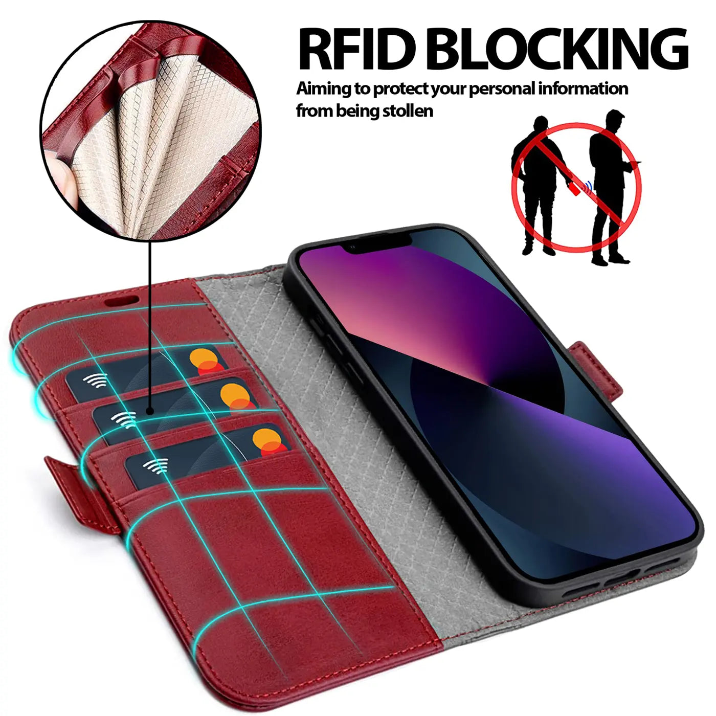 Rote Leder-Klapphülle mit Kartenfächern und iPhone 13 Pro.