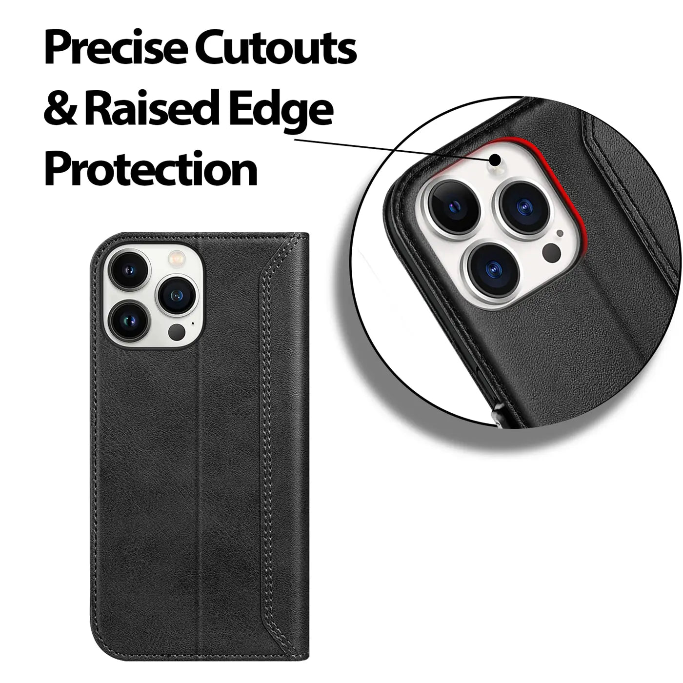 Schwarze Leder-Klapphülle für iPhone 13 Pro, Vorderansicht und Nahaufnahme.