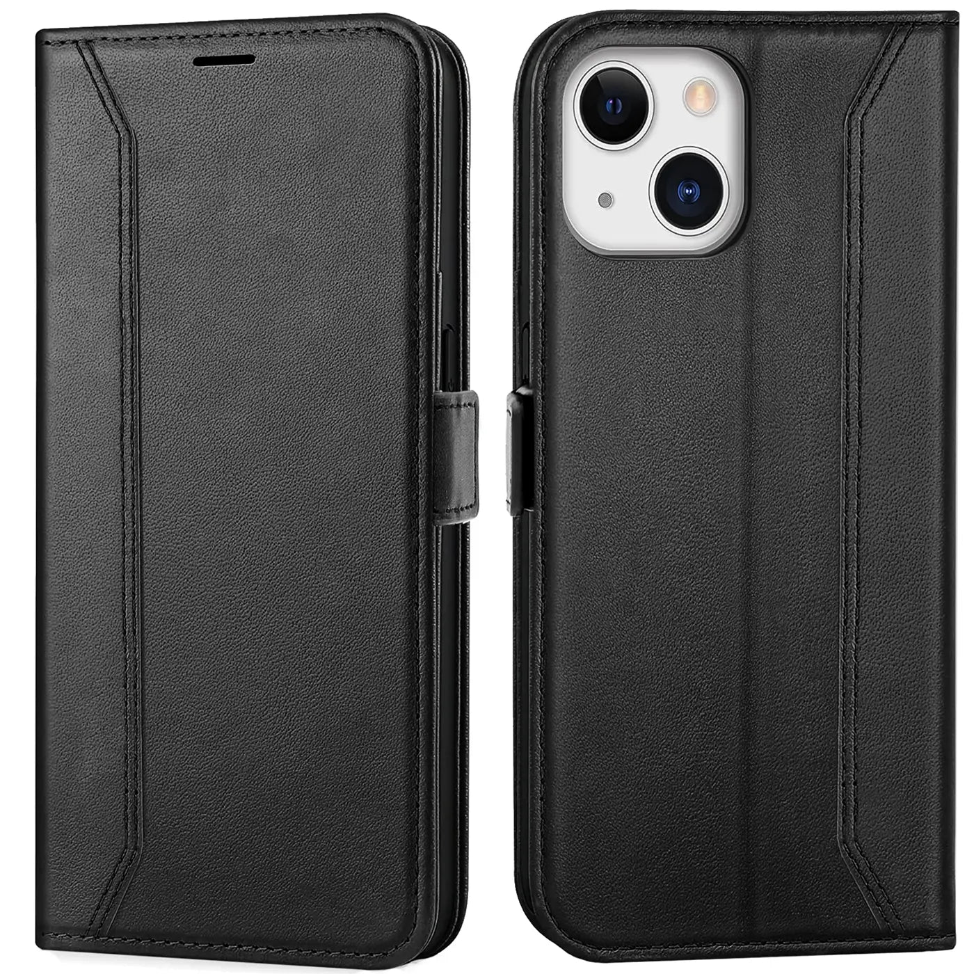 Schwarze Leder-Klapphülle mit RFID-Schutz für iPhone 13, Vorder- und Rückansicht.