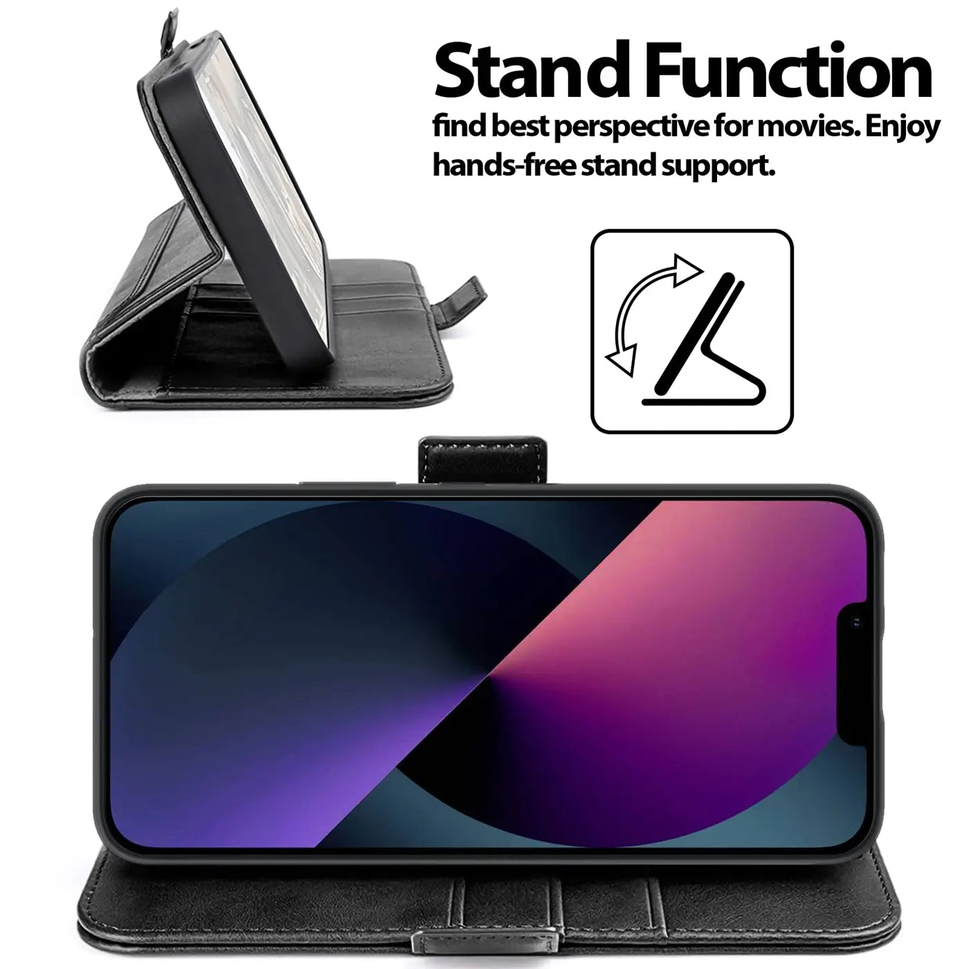 Schwarze Leder-Klapphülle mit iPhone 13 im Querformat, Seitenansicht und Frontansicht.
