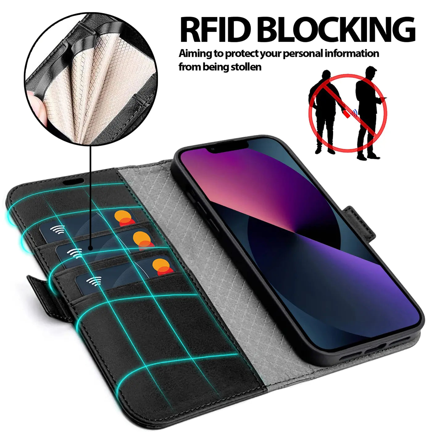 Schwarze Leder-Klapphülle mit RFID-Schutz für iPhone 13, von oben betrachtet