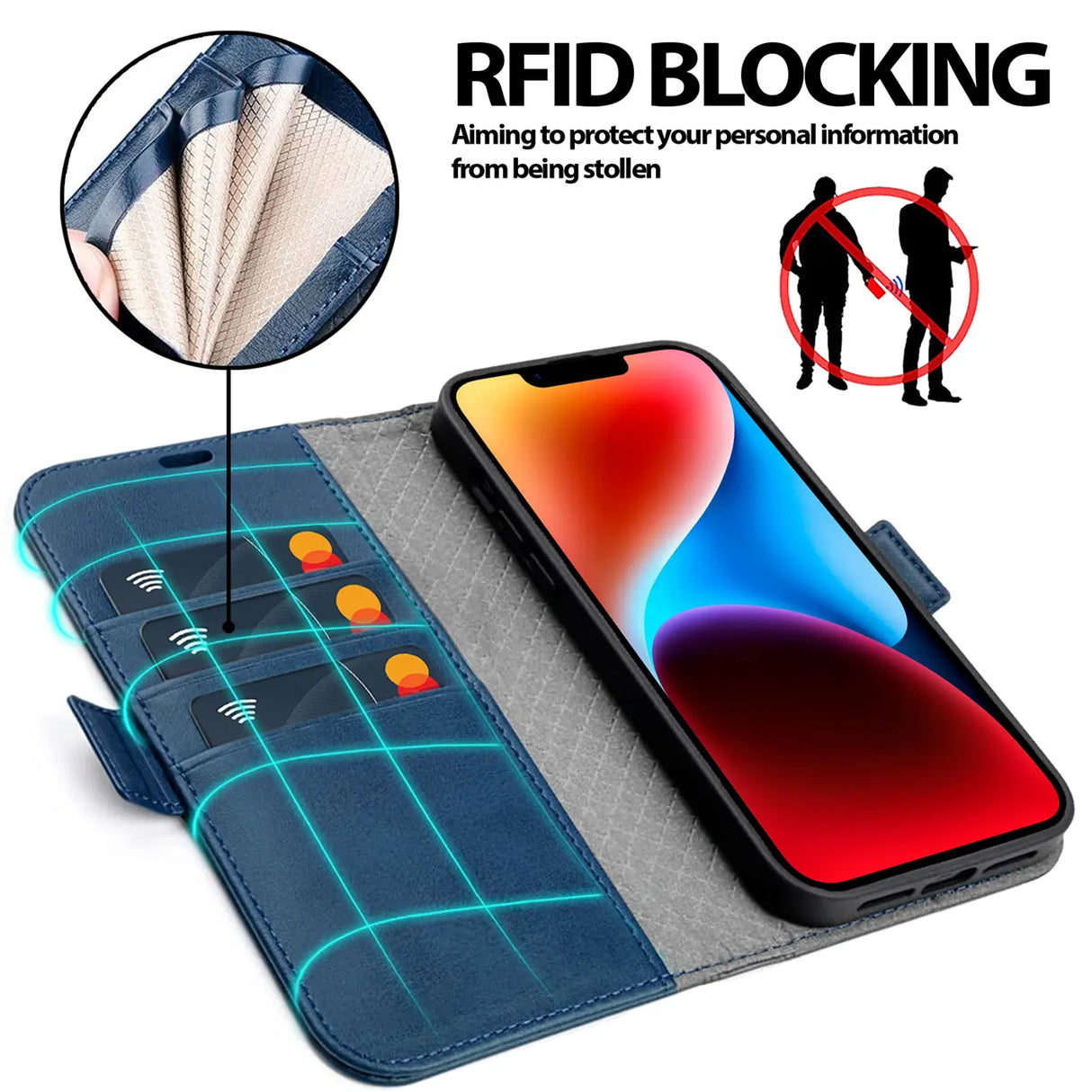 iPhone 14 Klapphülle im Lederlook mit RFID Block in Blau