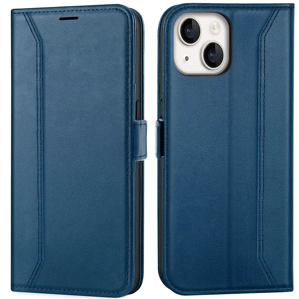 Blaue Kunstleder-Klapphülle, Vorder- und Rückansicht, zeigt iPhone 14 Plus Kameras