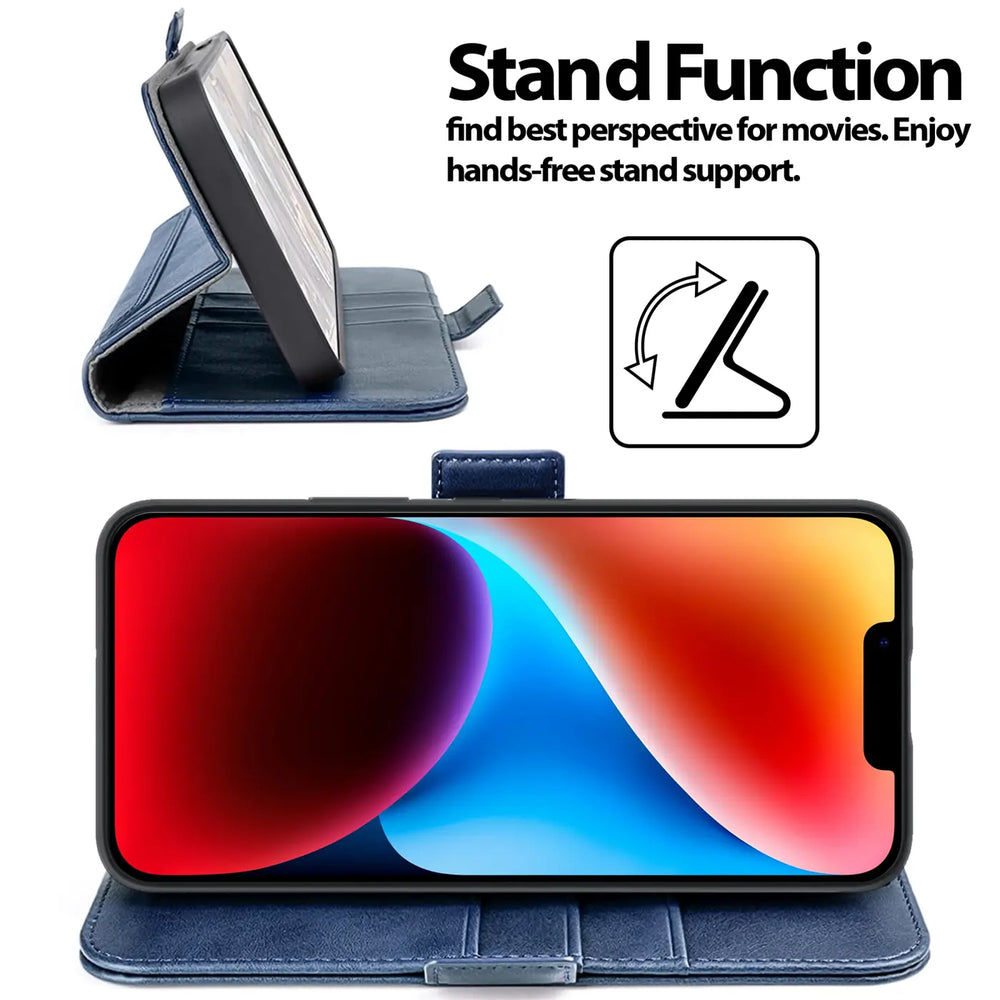 Blaue Leder-Klapphülle mit integriertem Ständer für iPhone 14 Plus, Seitenansicht und Frontansicht.