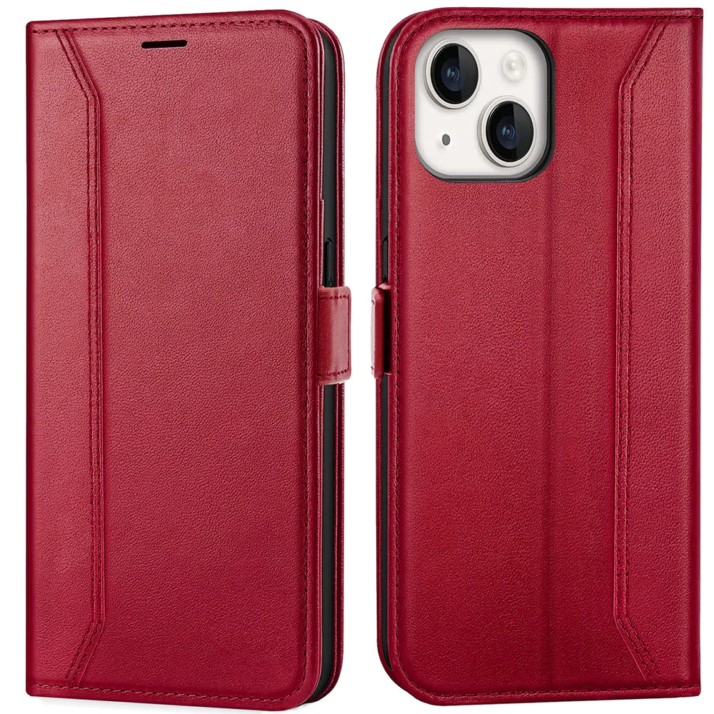 Rote Leder-Klapphülle mit iPhone 14 Plus, Vorder- und Rückansicht