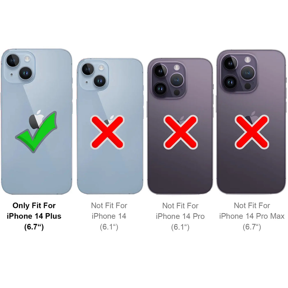 Vier iPhones, vorne: blaues iPhone 14 Plus mit grünem Haken, drei weitere mit rotem X.