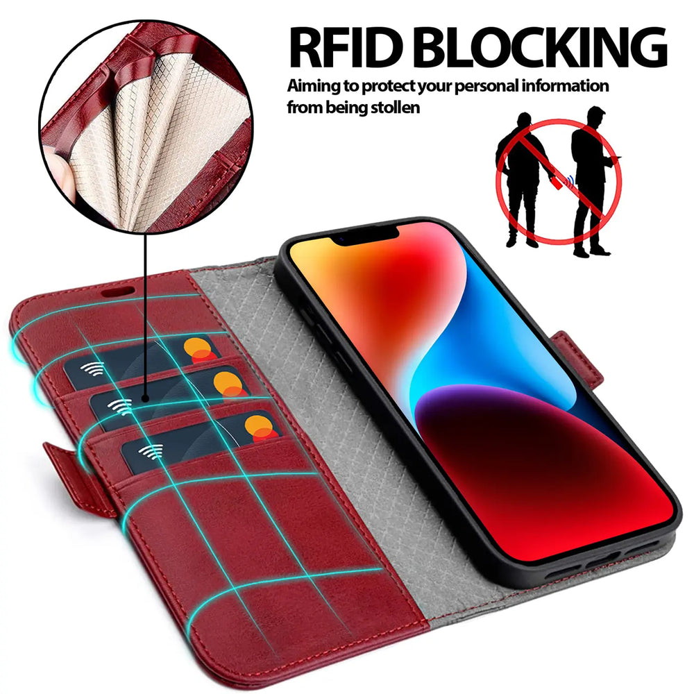 Rote Leder-Klapphülle mit Kartenfächern für iPhone 14 Plus, Nahaufnahme