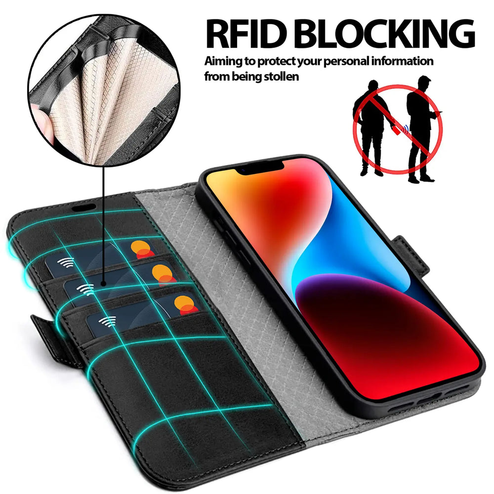 Schwarze Leder-Klapphülle mit Kartenfächern und iPhone 14 Plus.
