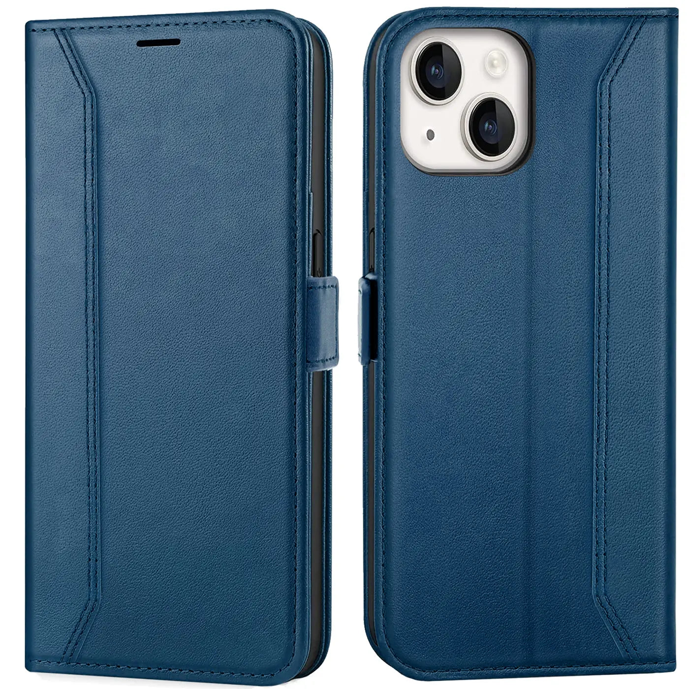 Blaue Leder-Klapphülle mit RFID-Schutz, zeigt iPhone 15 von vorne und hinten.