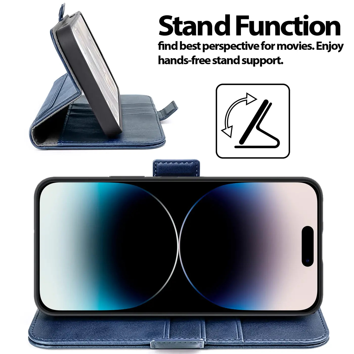 Blaue Leder-Klapphülle mit integriertem Ständer für iPhone 15, Seitenansicht und Frontansicht.