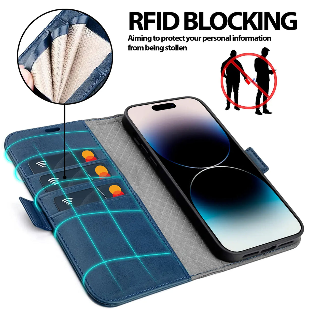 iPhone 15 Klapphülle im Lederlook mit RFID Block in Blau
