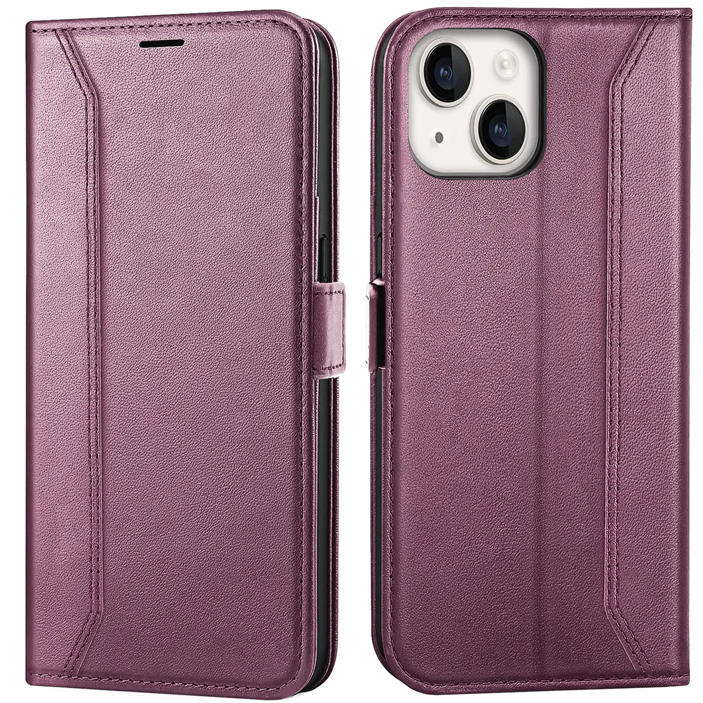 Lila Leder-Klapphülle mit RFID-Schutz für iPhone 15 Plus, Vorder- und Rückansicht.