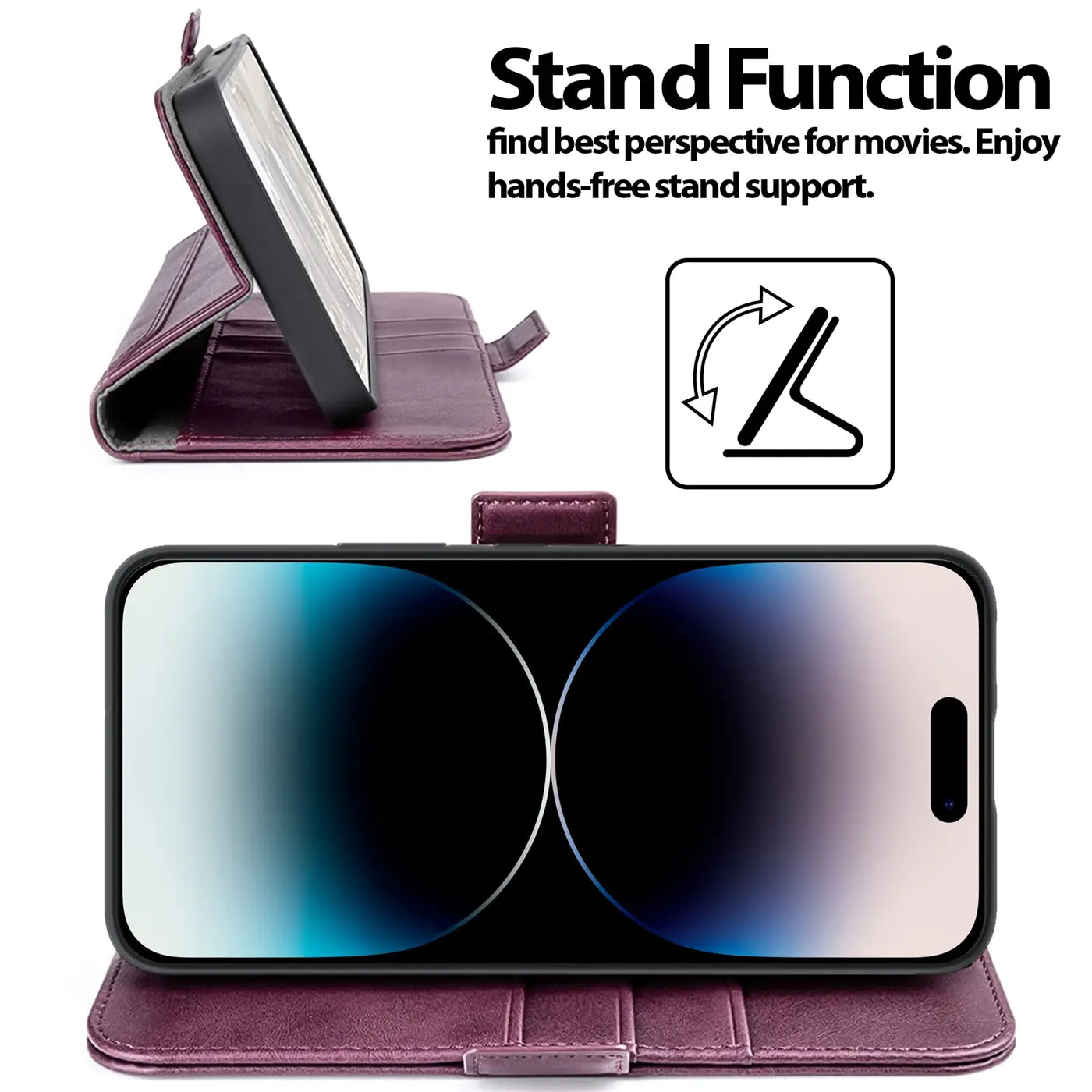 Dunkelrote Leder-Klapphülle mit integriertem Ständer für iPhone 15 Plus, Seitenansicht und Frontansicht.