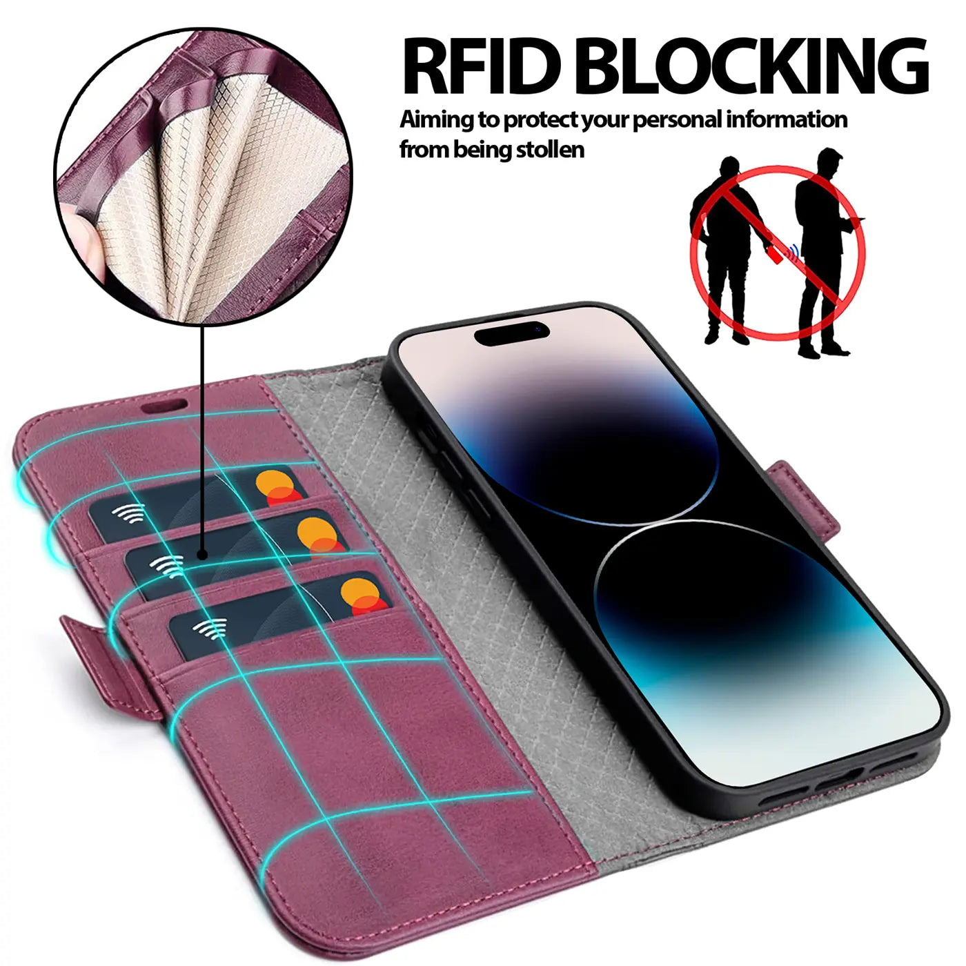 Dunkelrote Leder-Klapphülle mit Kartenfächern und iPhone 15 Plus, von oben.