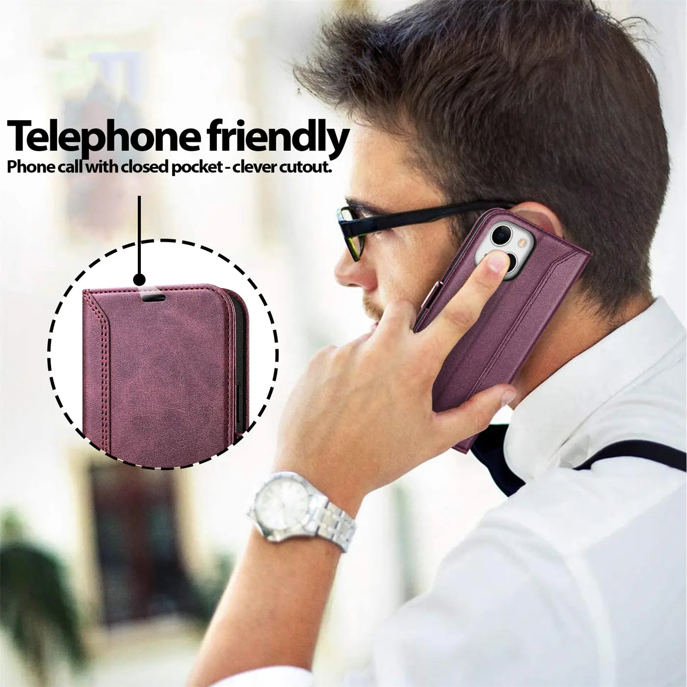 Mann telefoniert mit lila Leder-Klapphülle am iPhone 15 Plus.