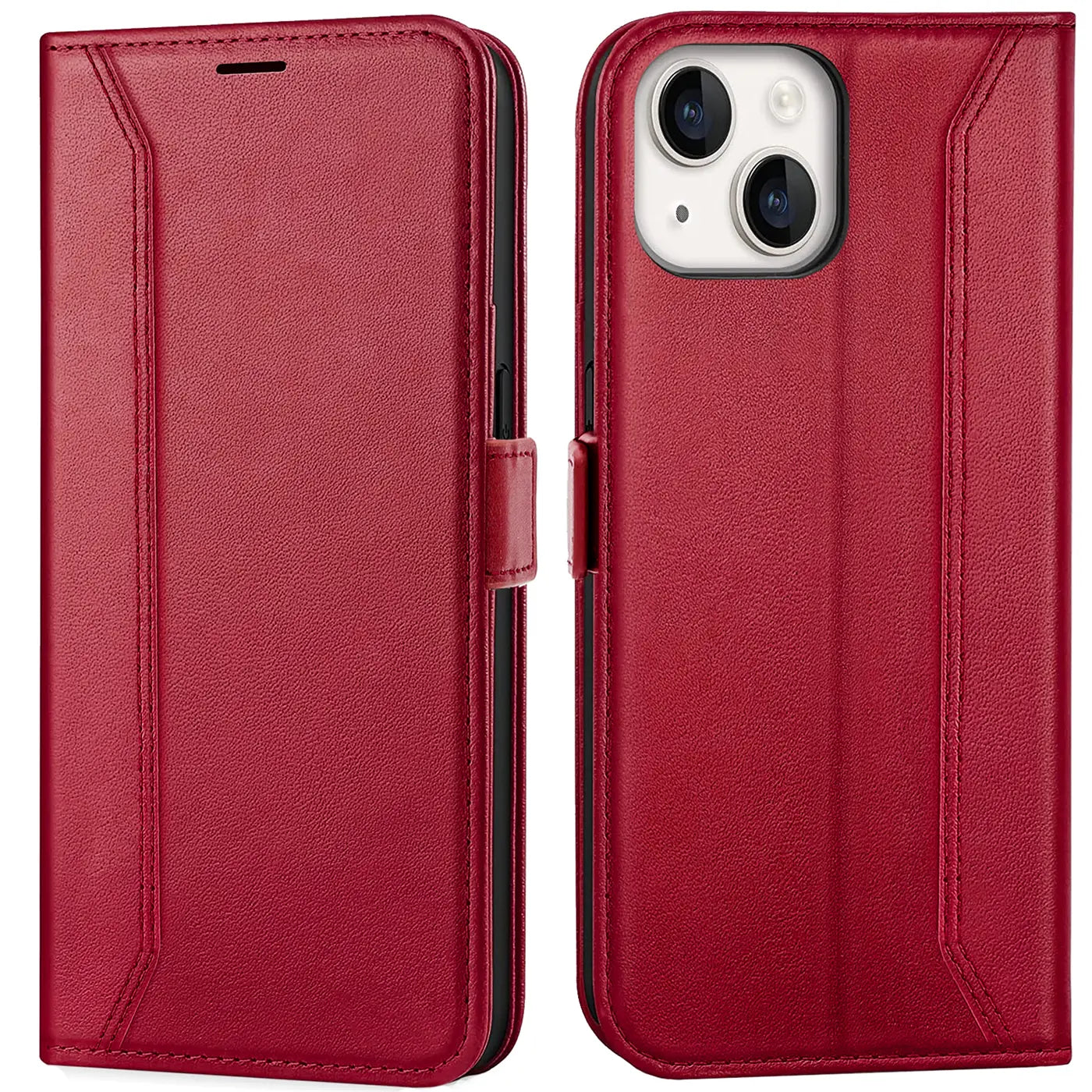 Rote Leder-Klapphülle mit RFID-Schutz, Vorder- und Rückansicht, iPhone 15 Plus.