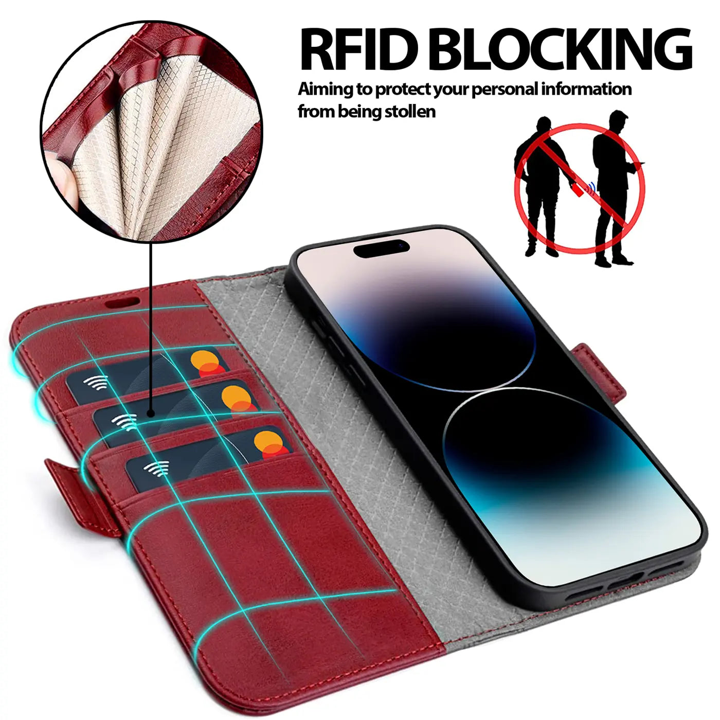 Rote Leder-Klapphülle mit Kartenfächern und iPhone 15 Plus, von oben schräg gezeigt.