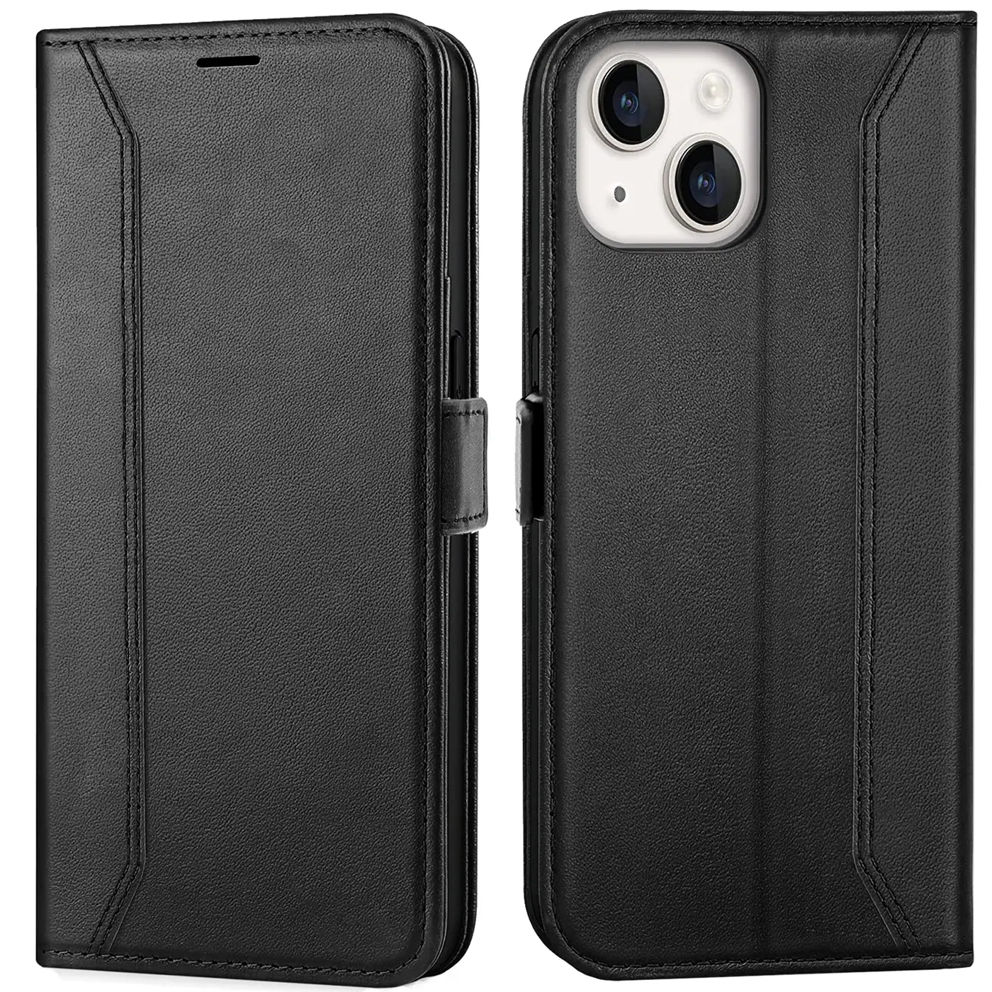Schwarze Leder-Klapphülle mit RFID-Schutz, Vorder- und Rückansicht, zeigt iPhone 15 Plus.