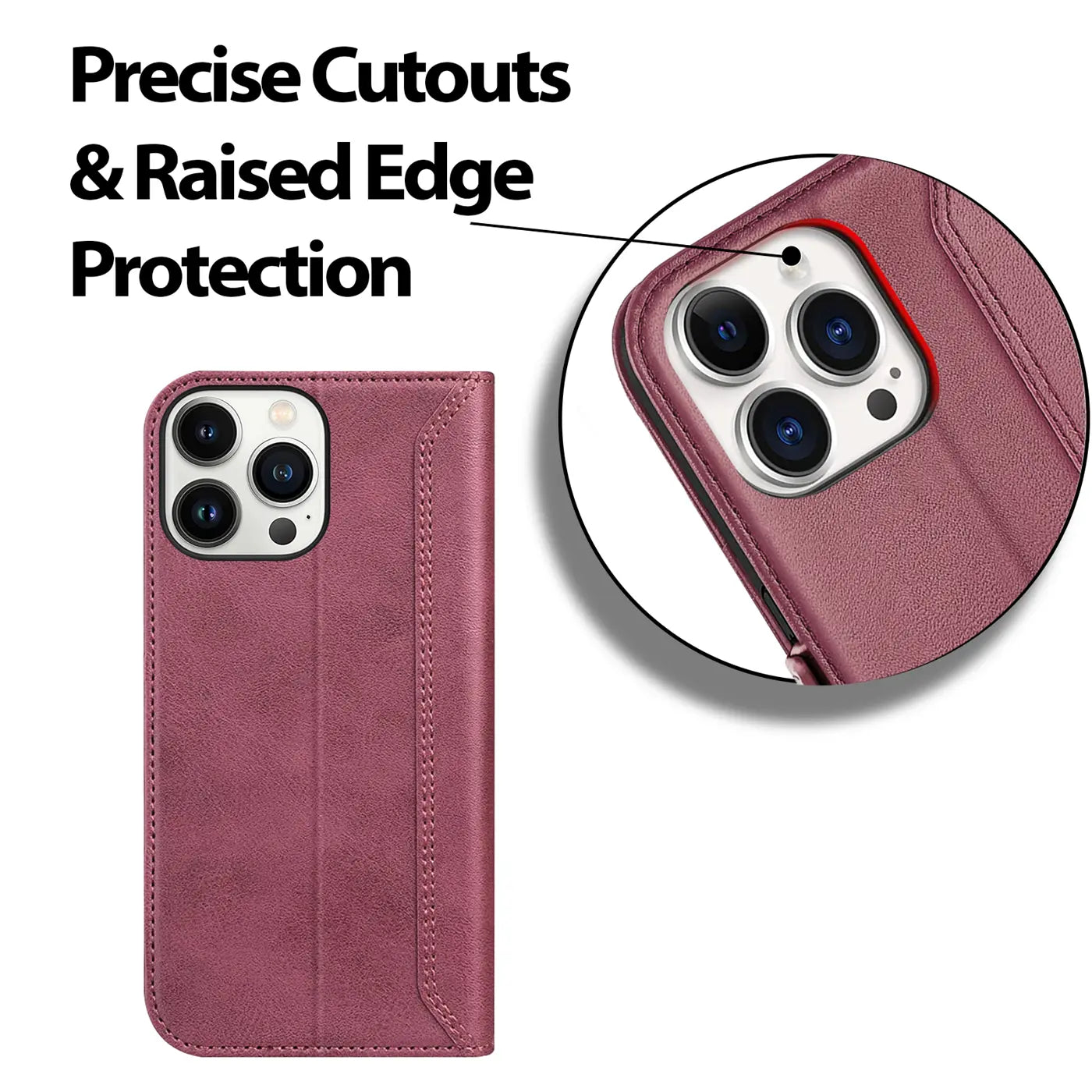 Dunkelrote Leder-Klapphülle für iPhone 15 Pro, Vorder- und Nahaufnahme der Kamera.