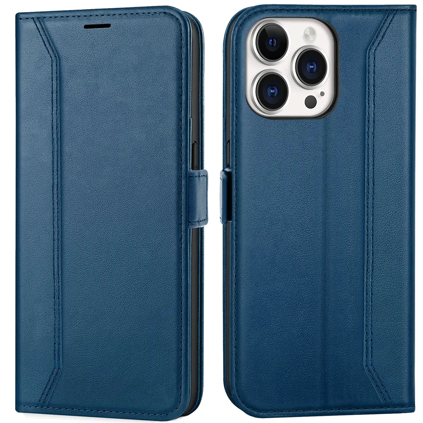 Blaue Leder-Klapphülle, Vorder- und Rückansicht, für iPhone 15 Pro Max.