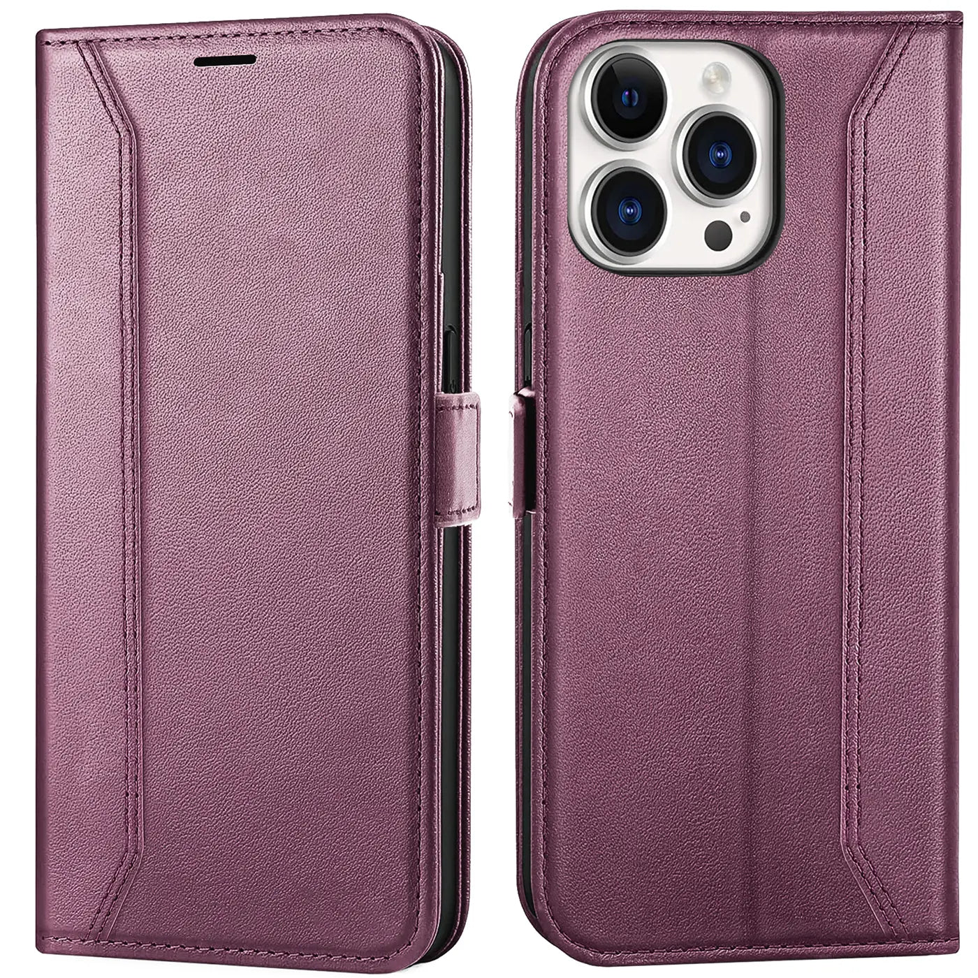 Lila Leder-Klapphülle für iPhone 15 Pro Max, Vorder- und Rückansicht.