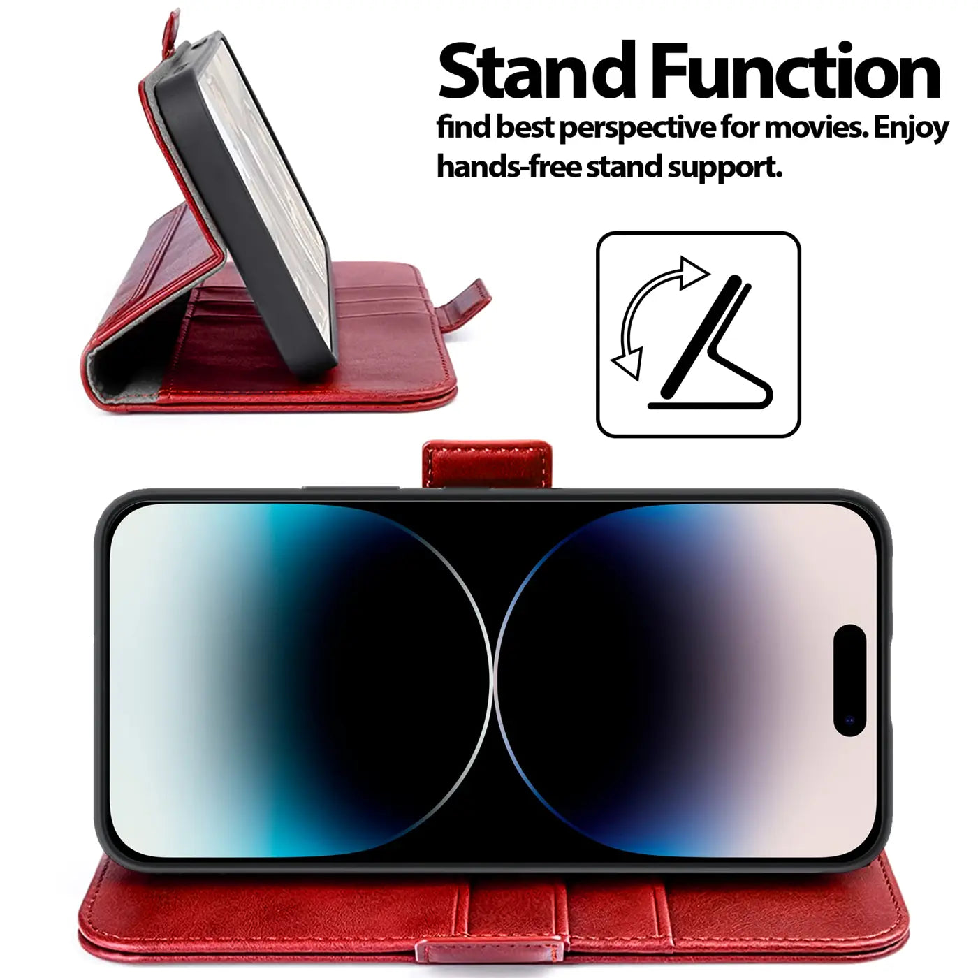 Rote Leder-Klapphülle mit iPhone 15 Pro Max, Seitenansicht und Frontansicht.