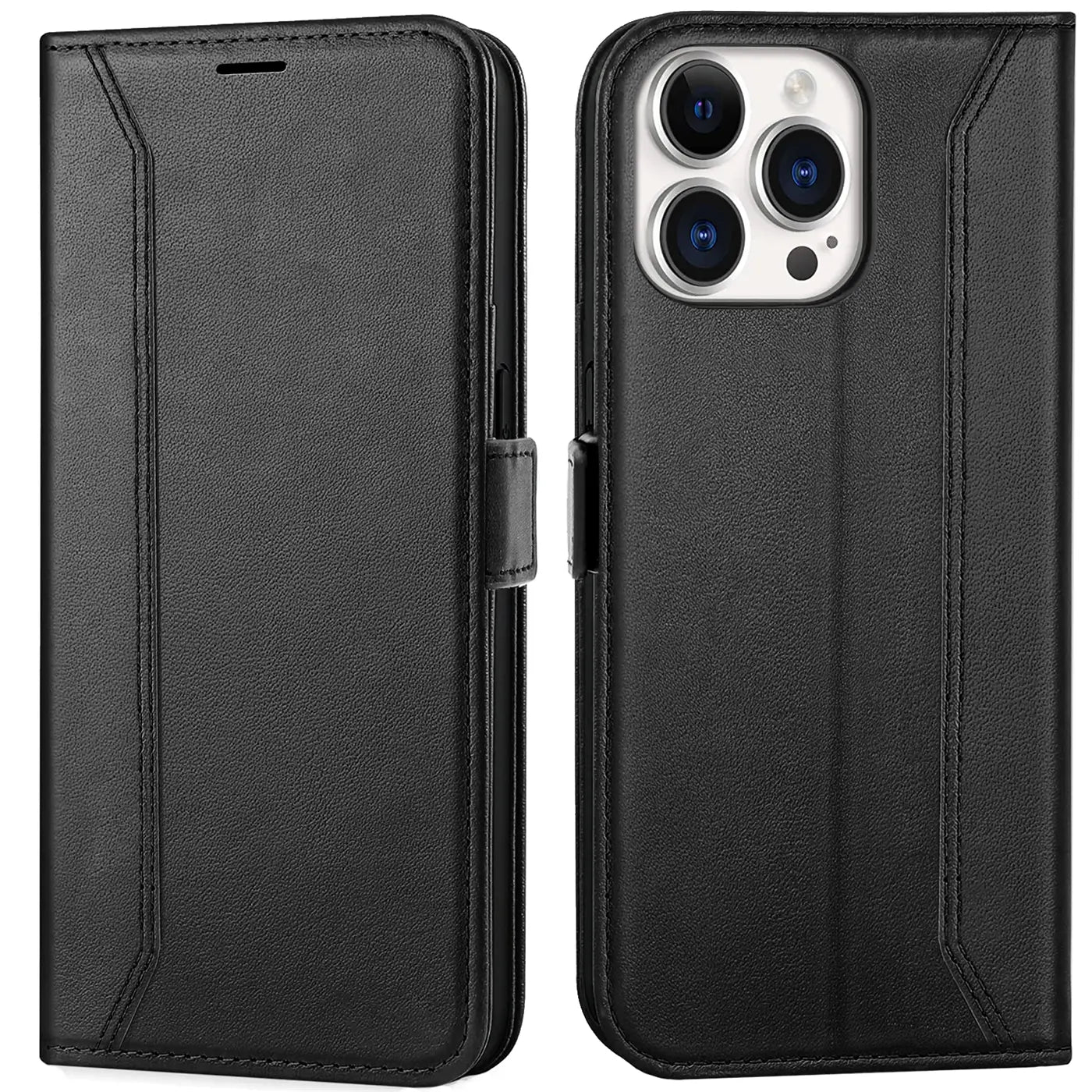 Schwarze Leder-Klapphülle mit RFID-Schutz für iPhone 15 Pro Max, Vorder- und Rückansicht.