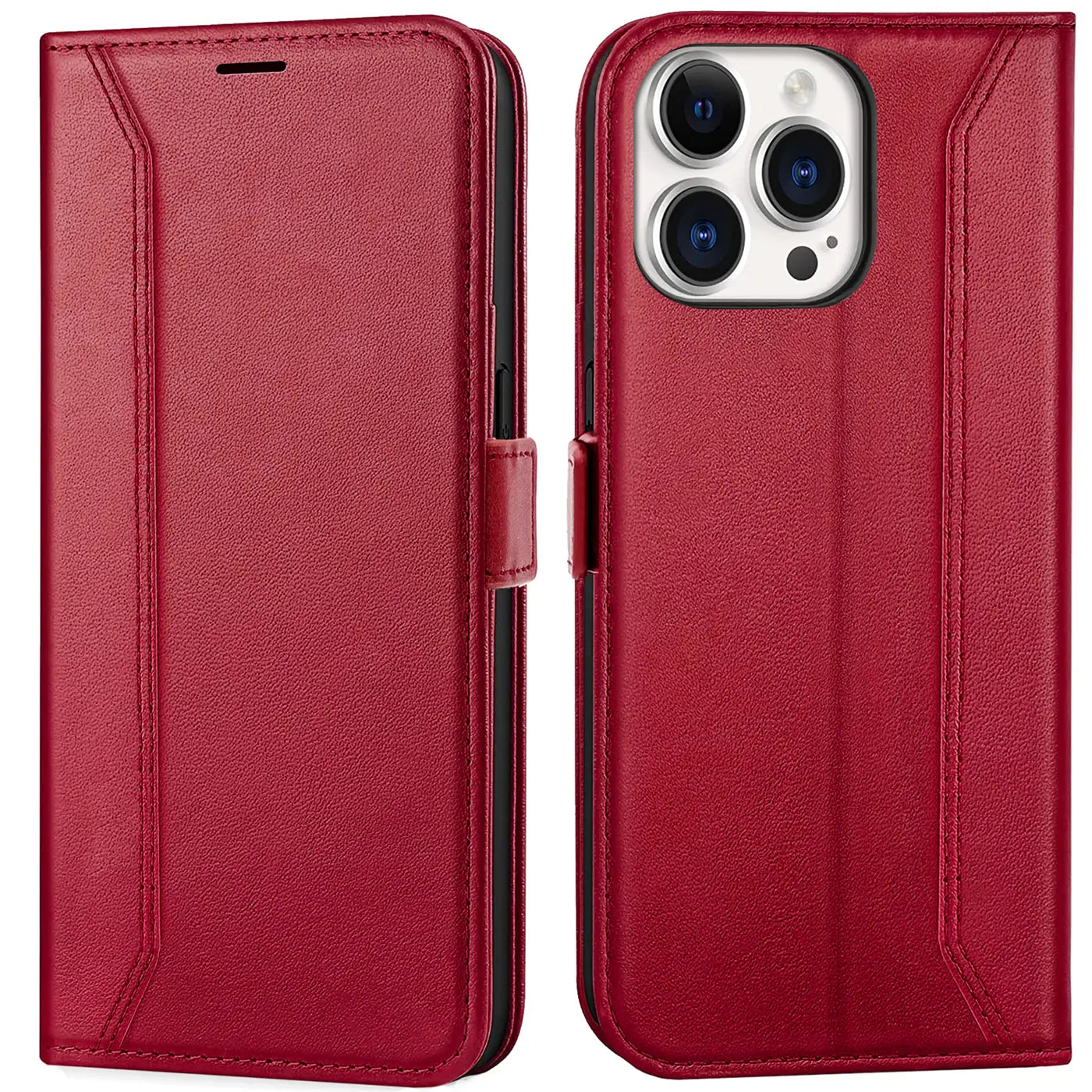 Rote Leder-Klapphülle mit RFID-Schutz für iPhone 15 Pro, Vorder- und Rückansicht.