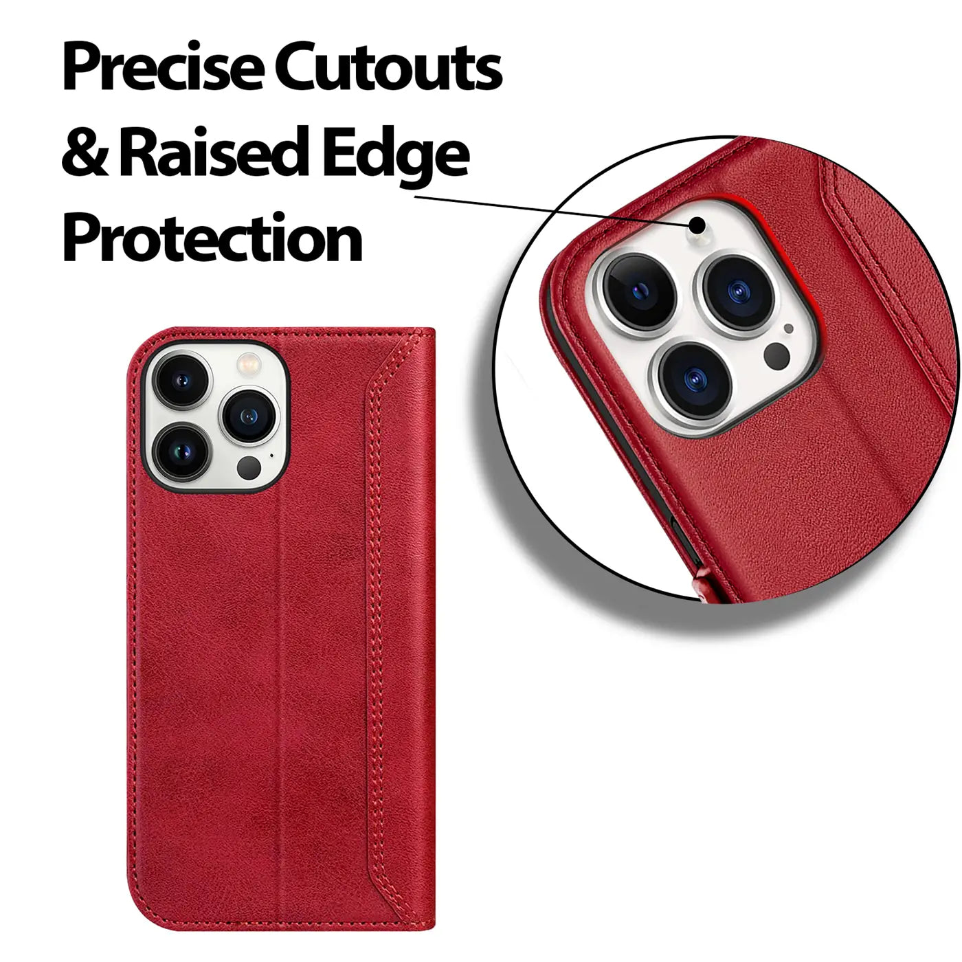 Rote Leder-Klapphülle für iPhone 15 Pro, Vorderansicht und Detailansicht der Kamera.