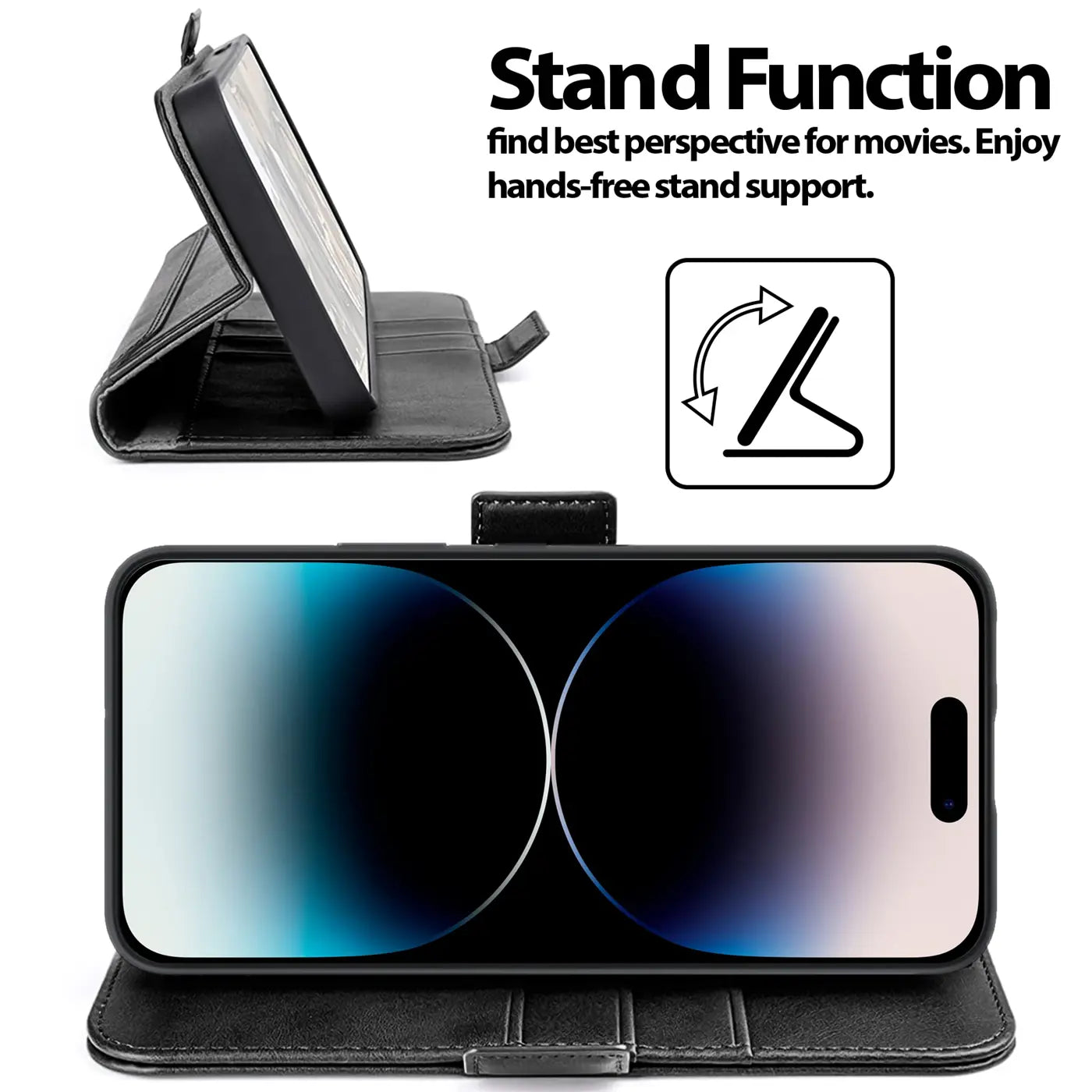 Schwarze Leder-Klapphülle mit Ständerfunktion für iPhone 15, Seitenansicht und Frontansicht.