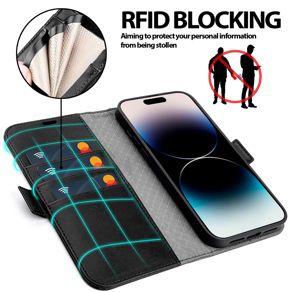 iPhone 15 Klapphülle im Lederlook mit RFID Block in Schwarz