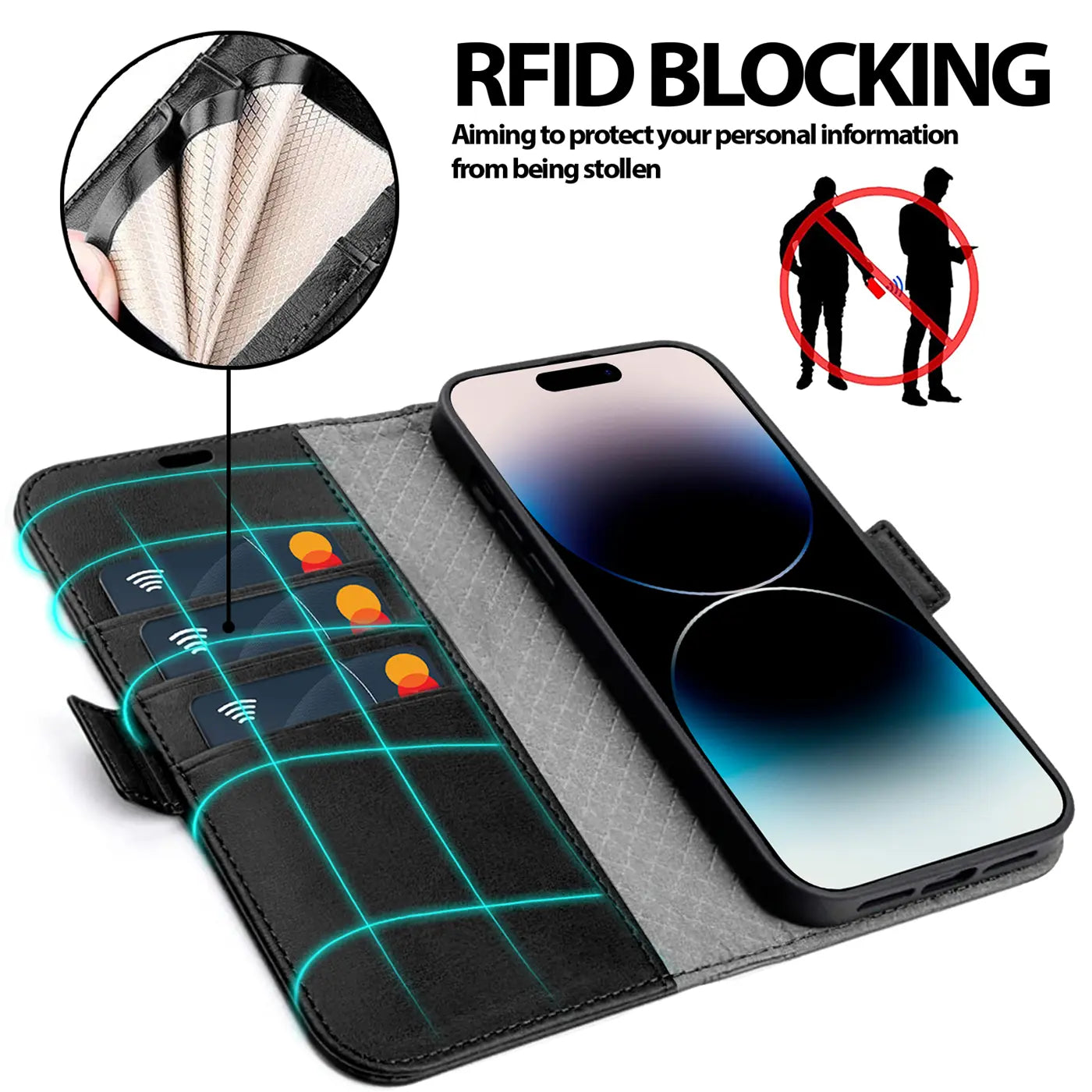 Schwarze Leder-Klapphülle mit Kartenfächern und iPhone 15, von schräg oben