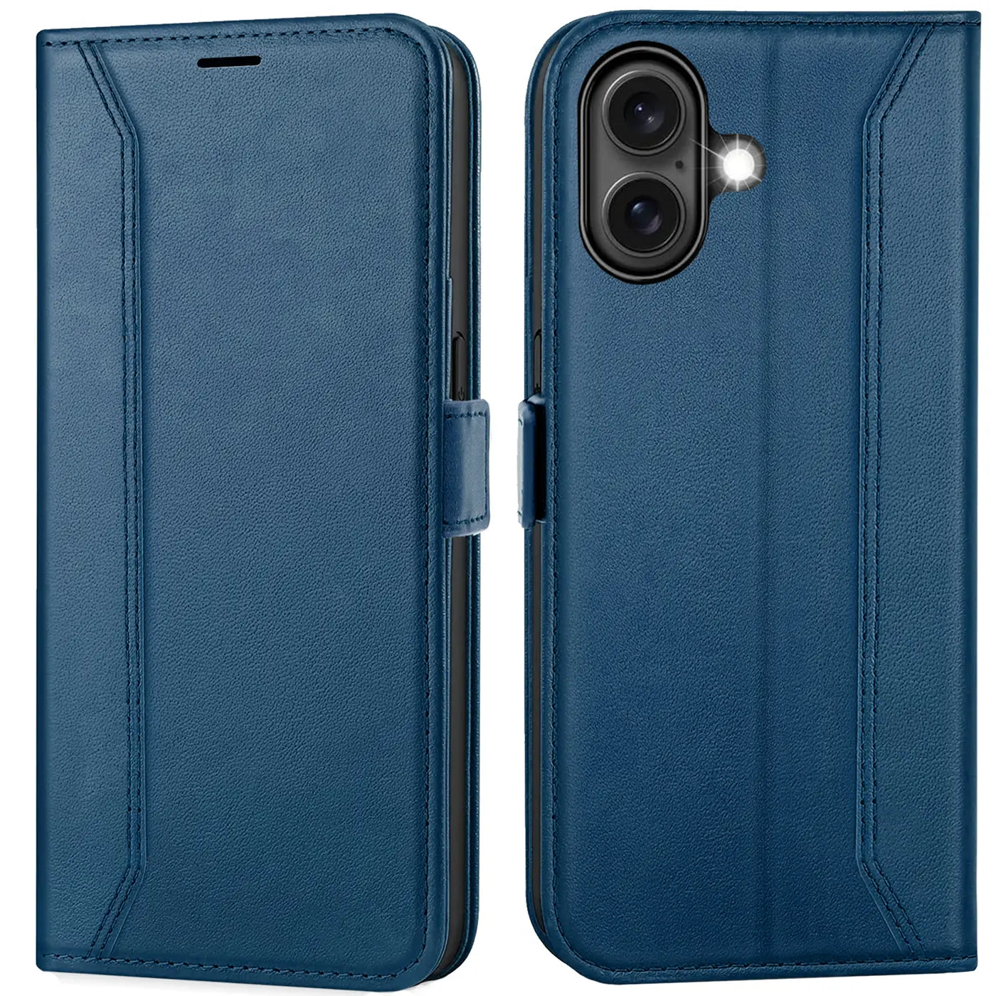 Blaue Leder-Klapphülle mit Kameraöffnung und Blitz, Vorder- und Rückansicht.