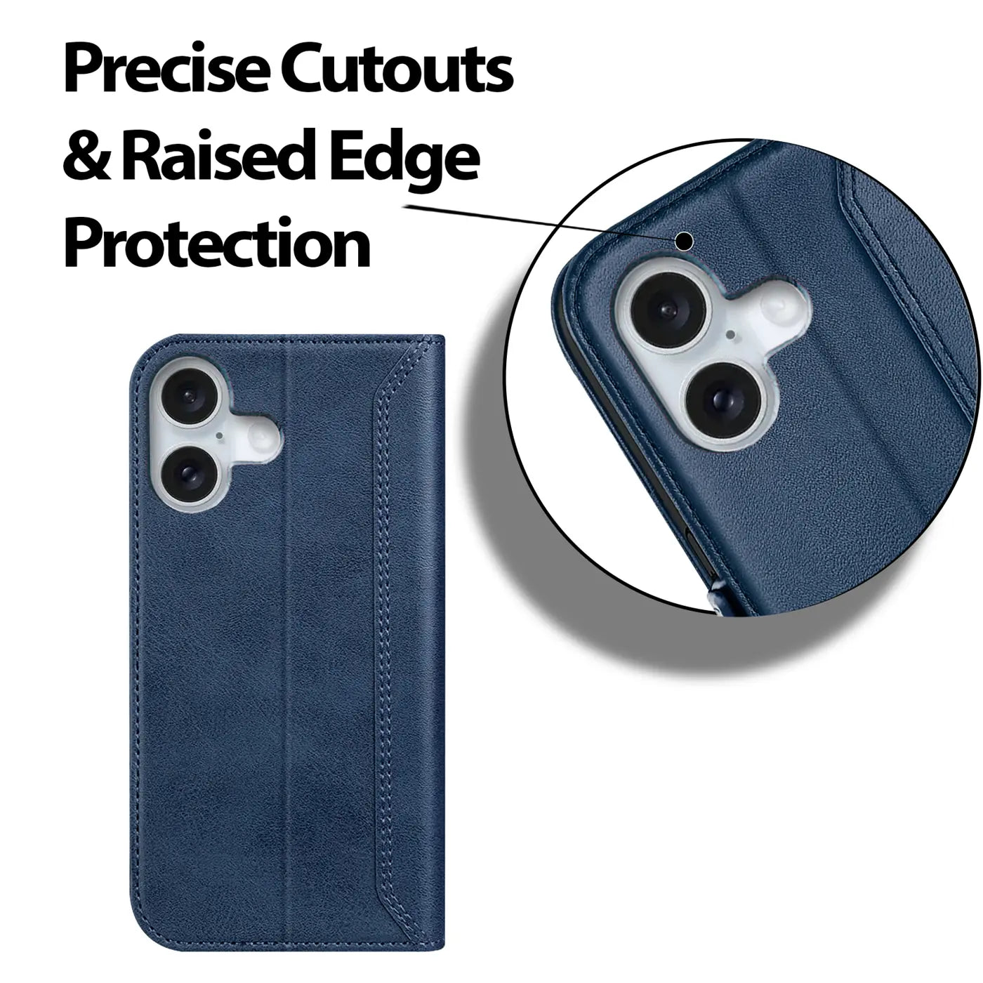 Dunkelblaue Leder-Klapphülle mit Kameraausschnitt für iPhone 16 Plus, Nahaufnahme.