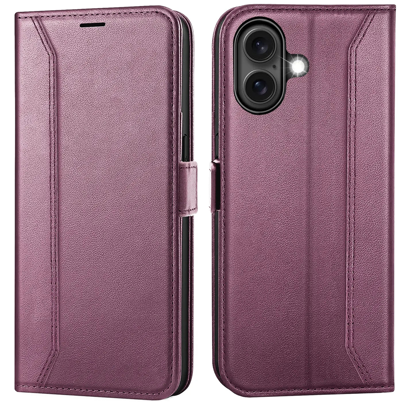 Lila Leder-Klapphülle, Vorder- und Rückansicht, mit sichtbarem iPhone 16 Plus Kameramodul.