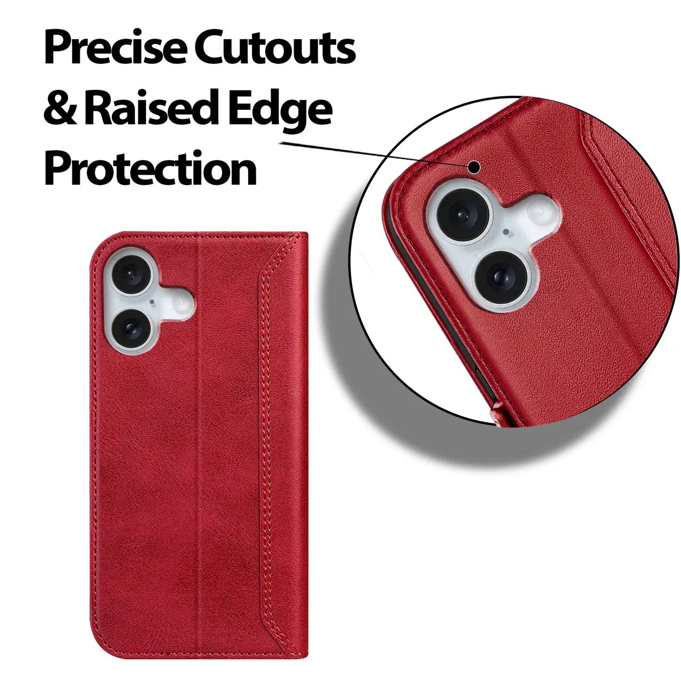 Rote Leder-Klapphülle mit Kameraausschnitt für iPhone 16 Plus, von vorne und Detailansicht.