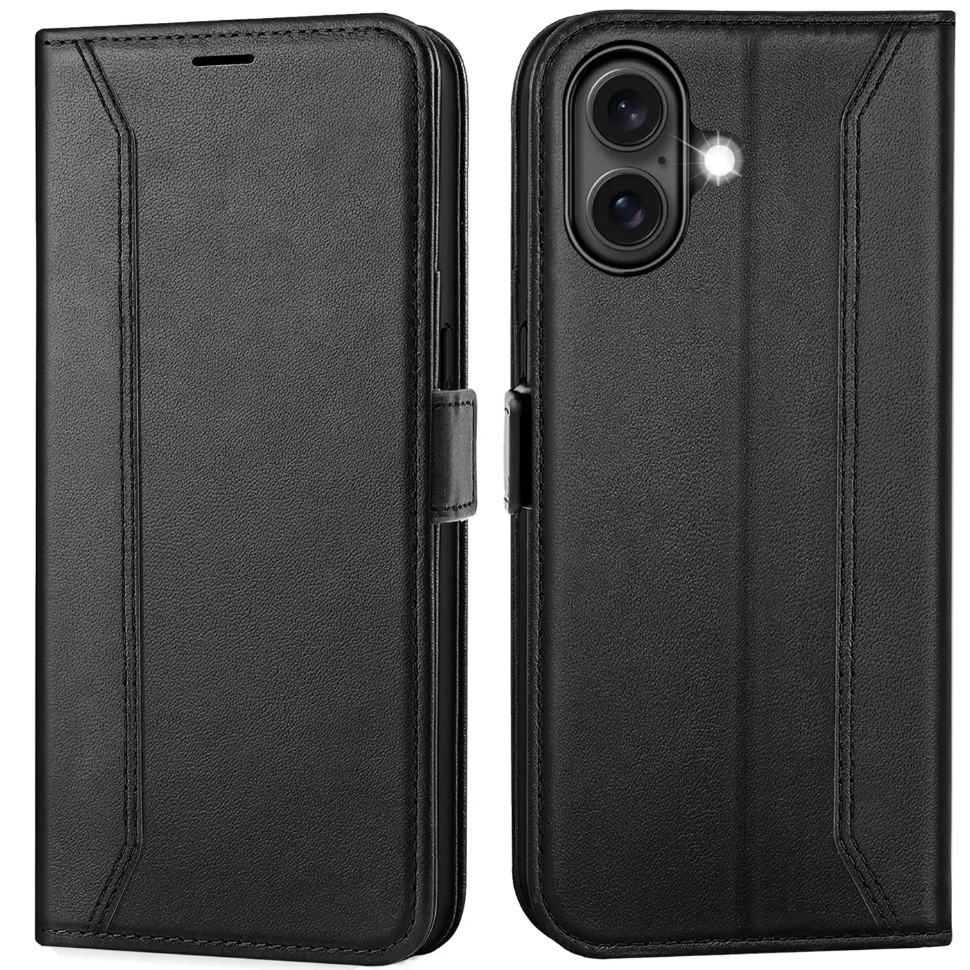 Schwarze Leder-Klapphülle, Vorder- und Rückansicht, für iPhone 16 Plus.