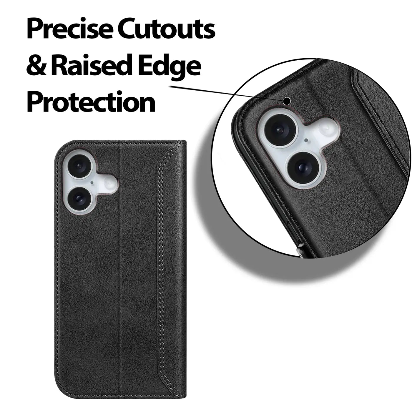 Schwarze Leder-Klapphülle mit Nahaufnahme der Kameraaussparung für iPhone 16 Plus.