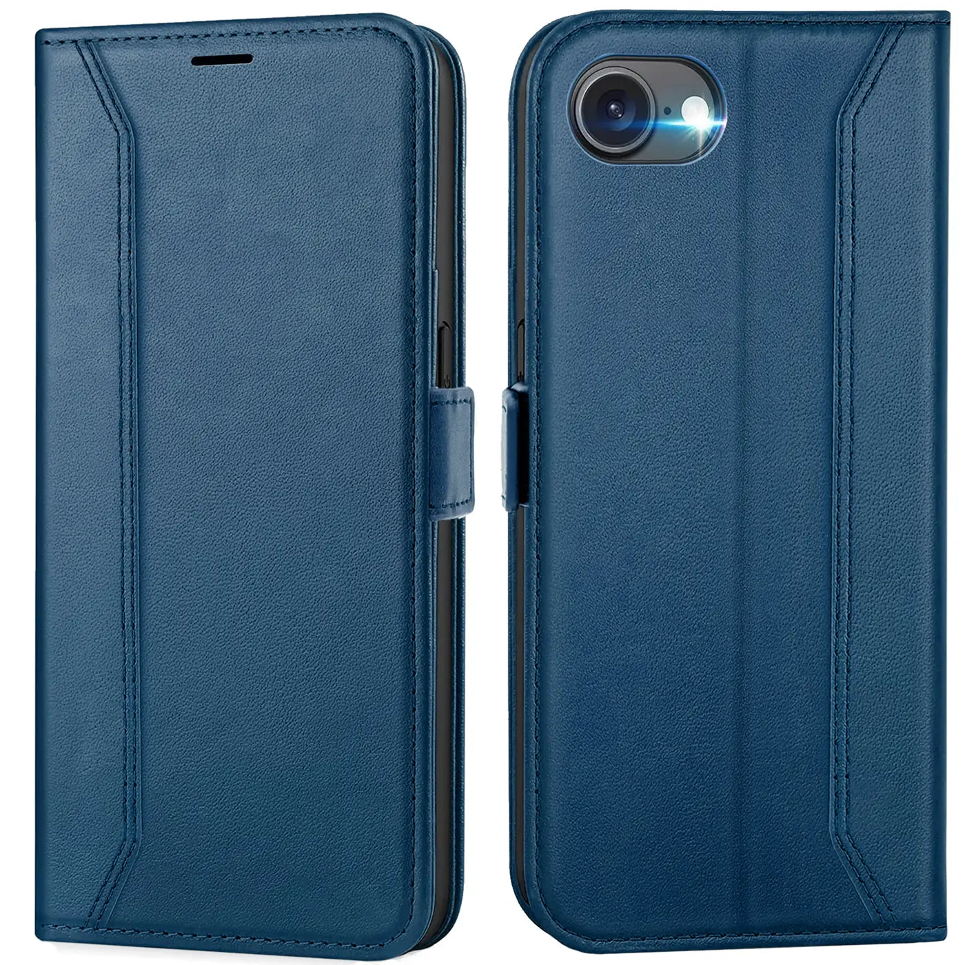 Blaue Leder Klapphülle, Vorder- und Rückansicht, mit Kameraaussparung für iPhone 16e.