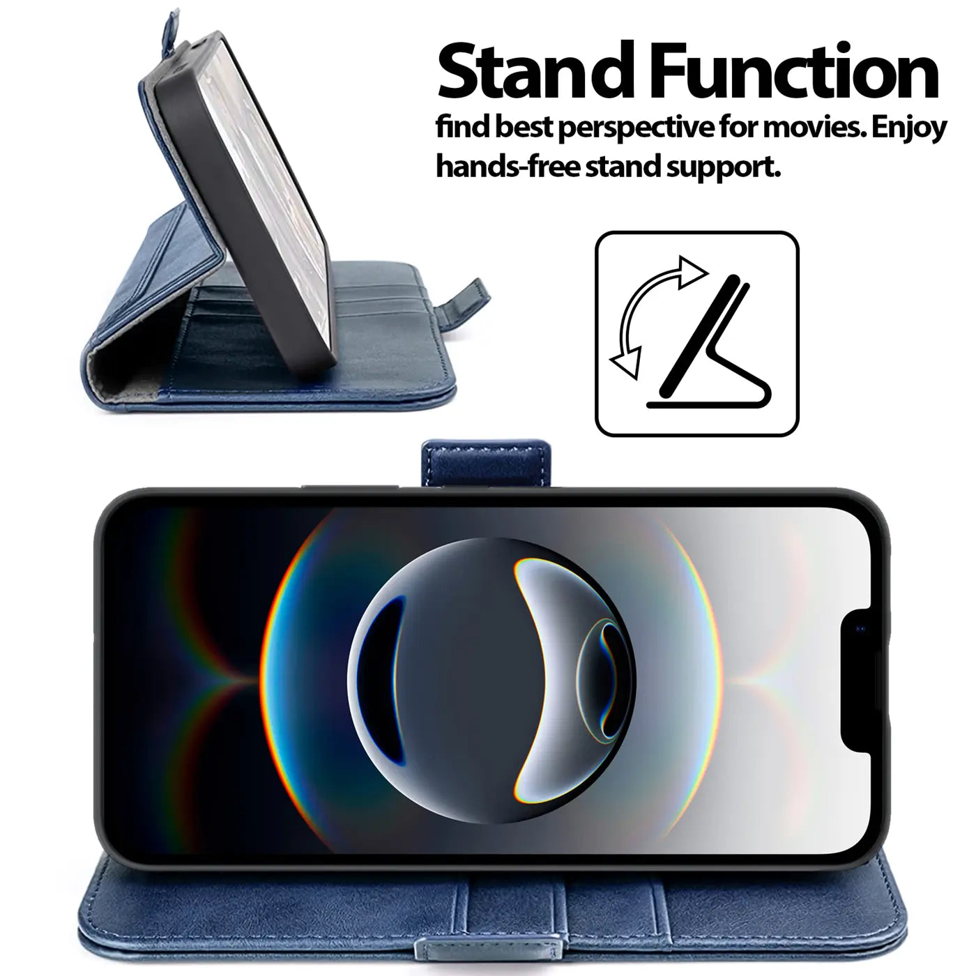 Blaue Leder-Klapphülle mit Standfunktion für iPhone 16e, Seitenansicht und Frontansicht.