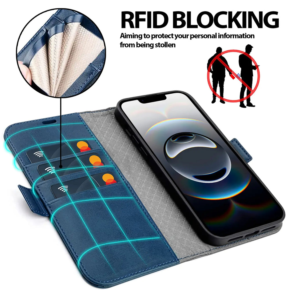 Apple iPhone 16e Klapphülle im Lederlook mit RFID Block in Blau