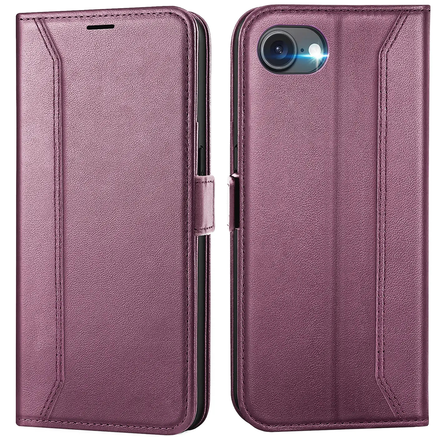 Lila Kunstleder-Klapphülle, Vorder- und Rückansicht, für iPhone 16e.