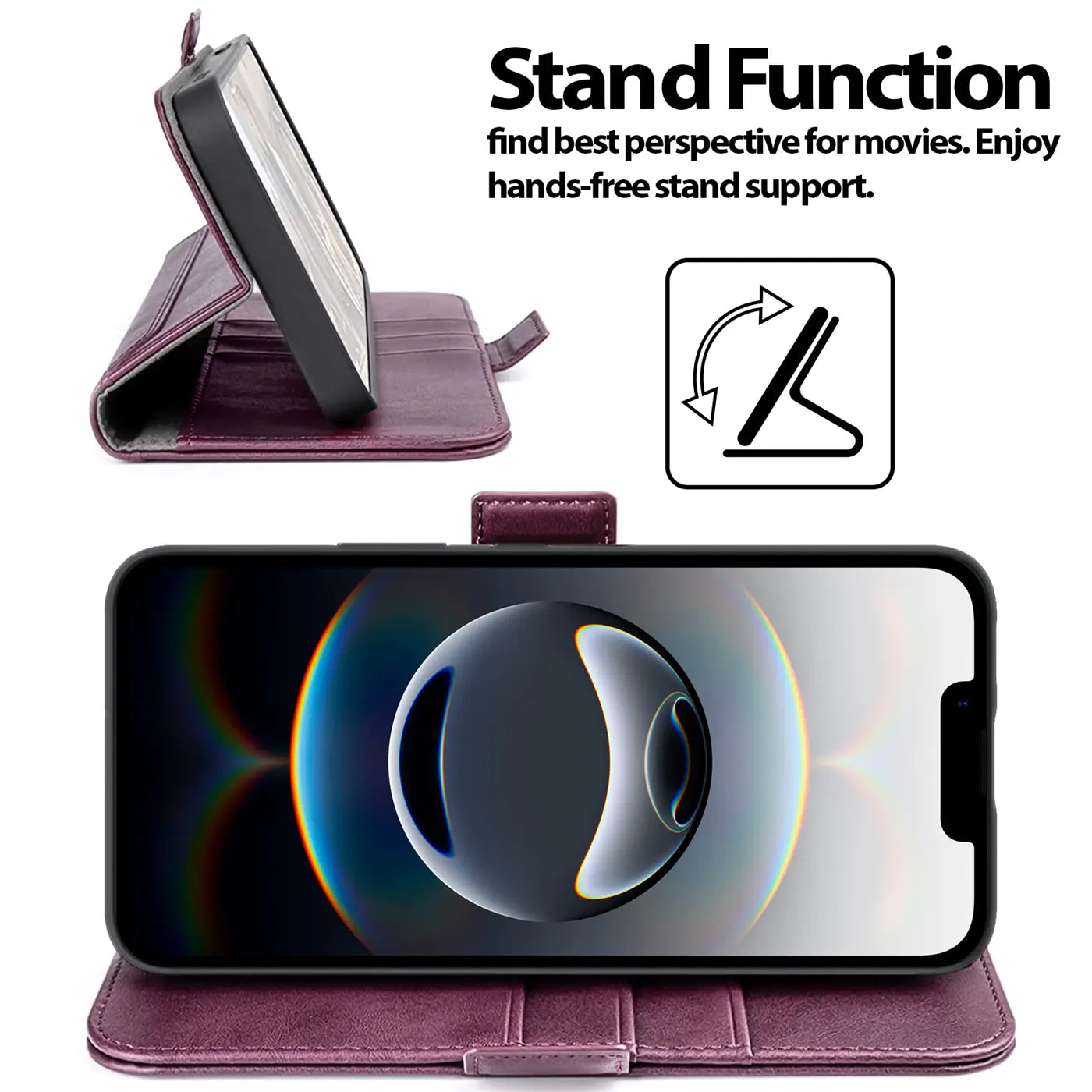 Dunkelrote Leder-Klapphülle mit Standfunktion für ein Smartphone, von vorne und von der Seite gezeigt.