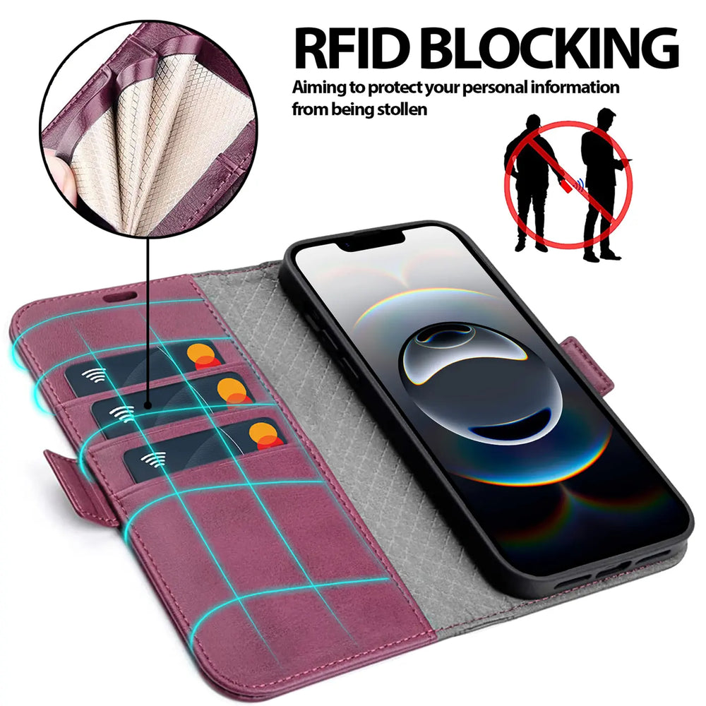Apple iPhone 16e Klapphülle im Lederlook mit RFID Block in Lila