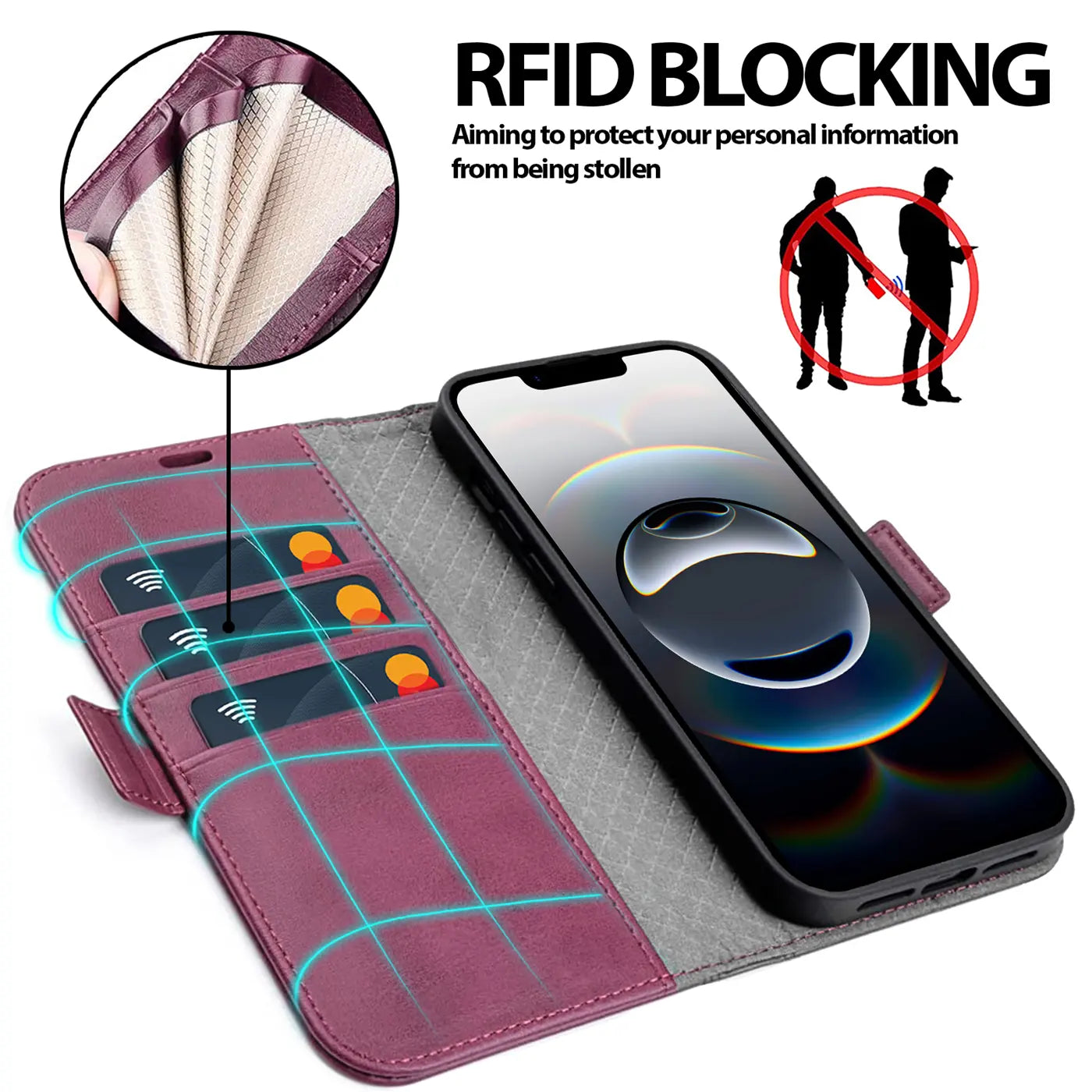 Lila Klapphülle aus Leder mit Kartenfächern und iPhone 16e, von oben/links