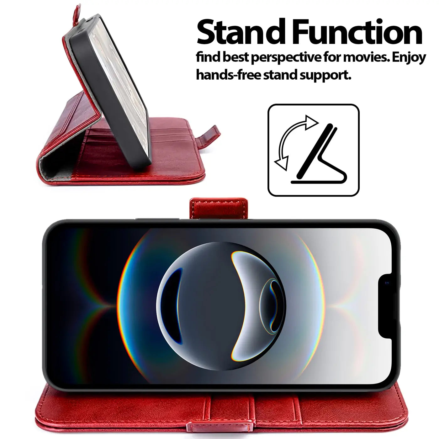 Rote Leder-Klapphülle mit Ständerfunktion, zeigt iPhone 16e von vorne und Seite.