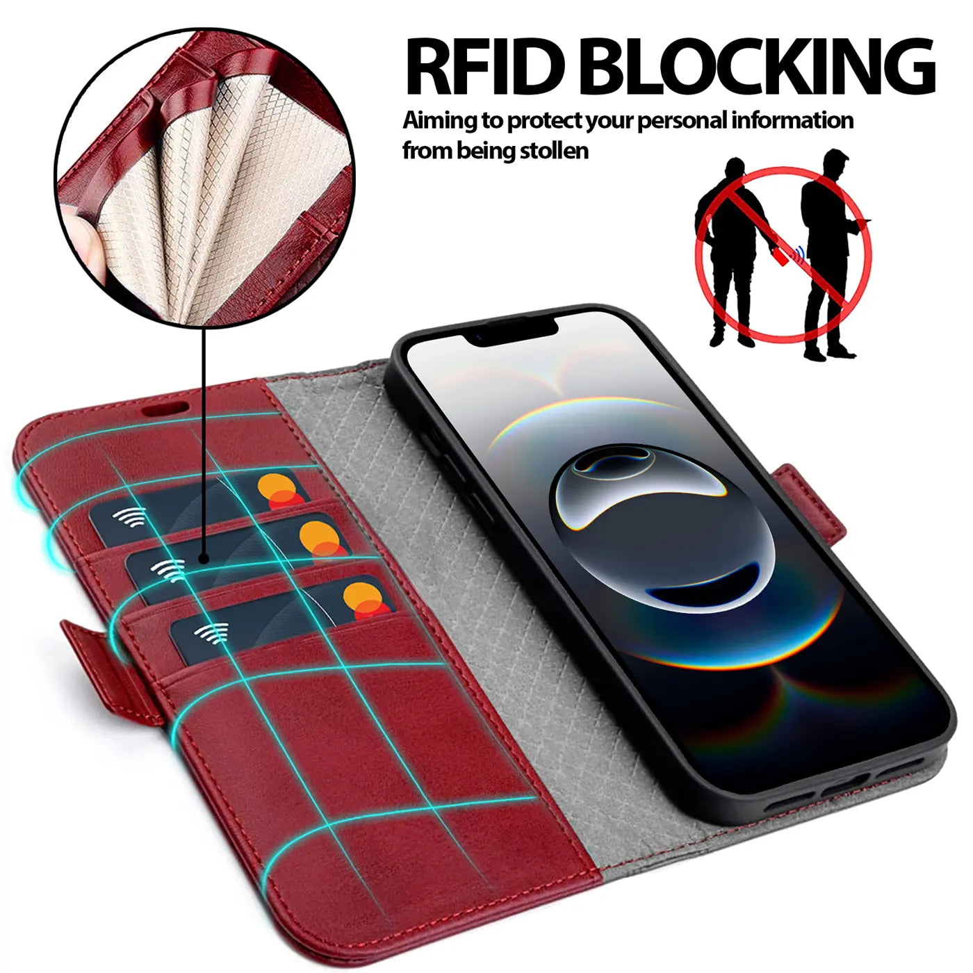 Rote Leder-Klapphülle mit Kartenfächern und iPhone 16e, von oben schräg.