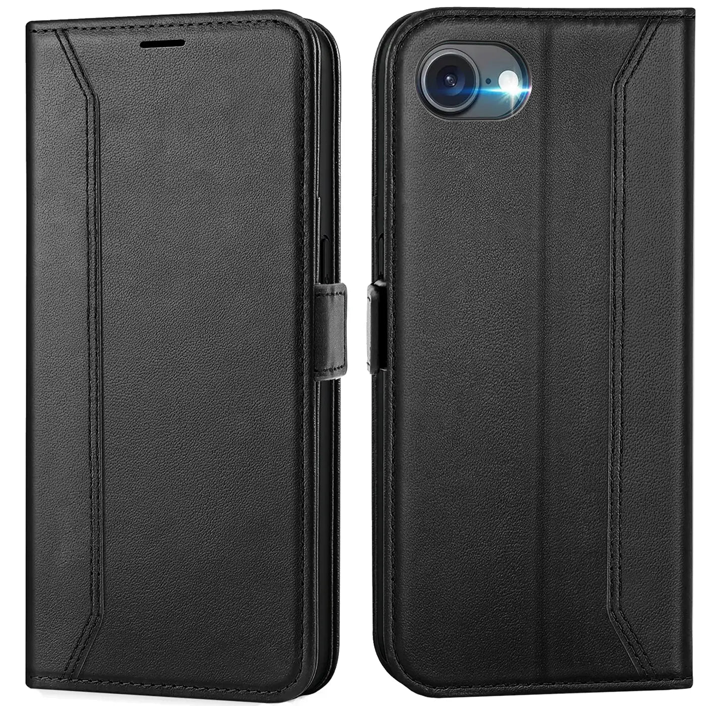 Schwarze Leder-Klapphülle mit RFID-Schutz, Vorder- und Rückansicht, für iPhone 16e.