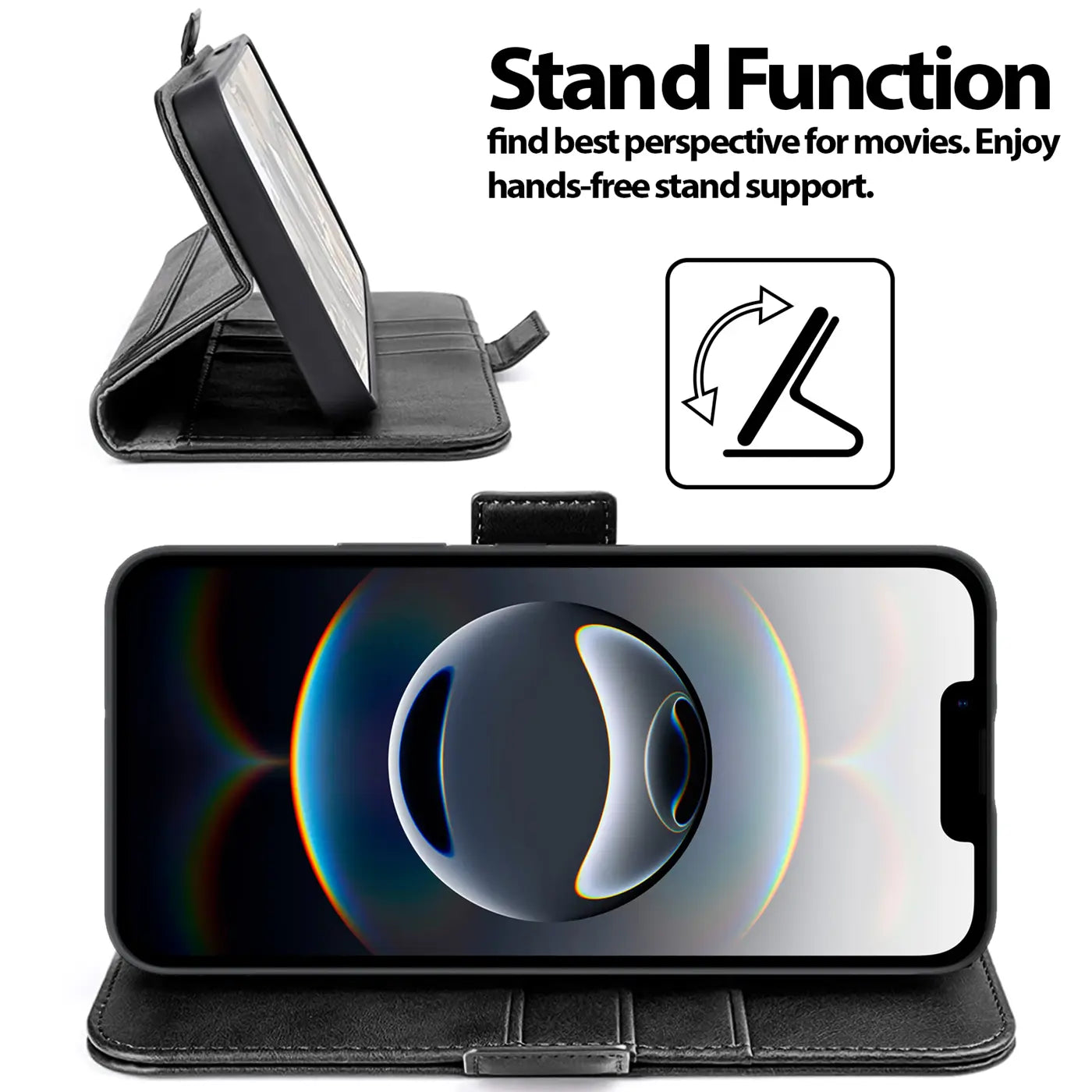 Schwarze Leder-Klapphülle mit integriertem Ständer für ein iPhone, Seitenansicht und Frontansicht.